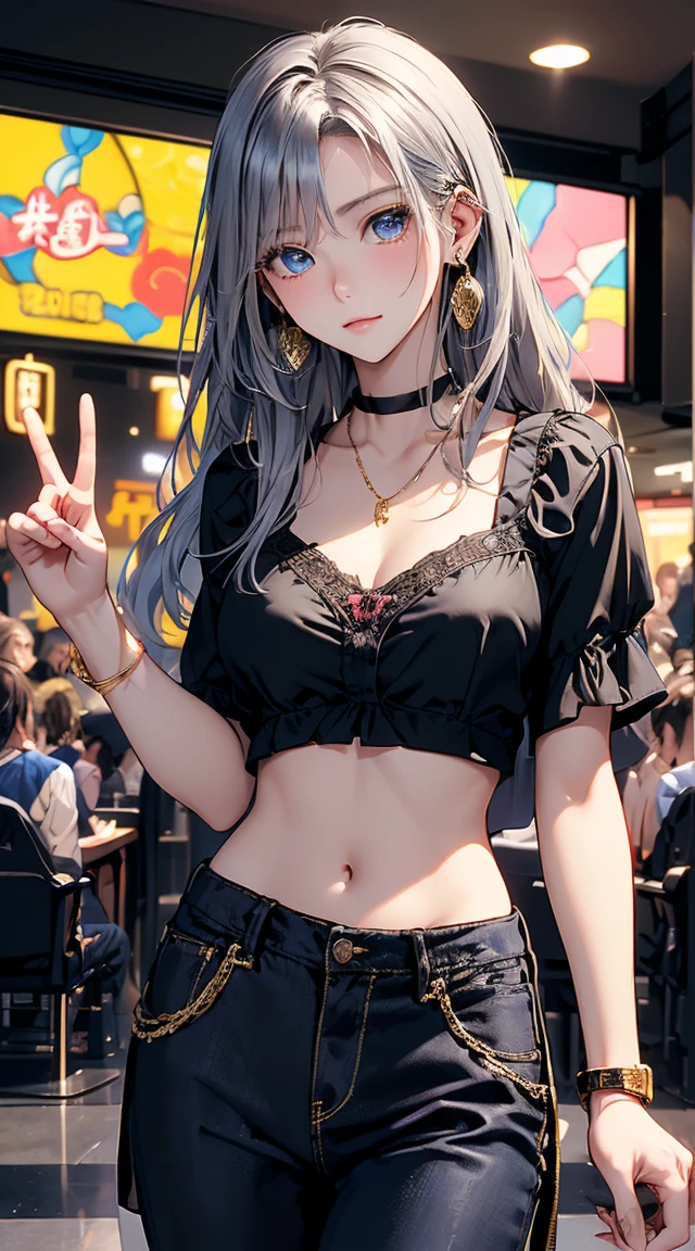 top-quality、Top image quality、masterpiece、girl with((18year old、 Beautiful Aloha Shirts、Black bra、Blue long trousers、Best Bust、Bust 85、a blond、Semi-long、Blue eyes、open chest wide、Valley、Happiness、A slender、Troubled face、Gold Earrings、Silver Watch、Hold hands with your audience))hiquality、Beautiful Art、Background with((movie theatre)、masutepiece、Elaborate design、visualart