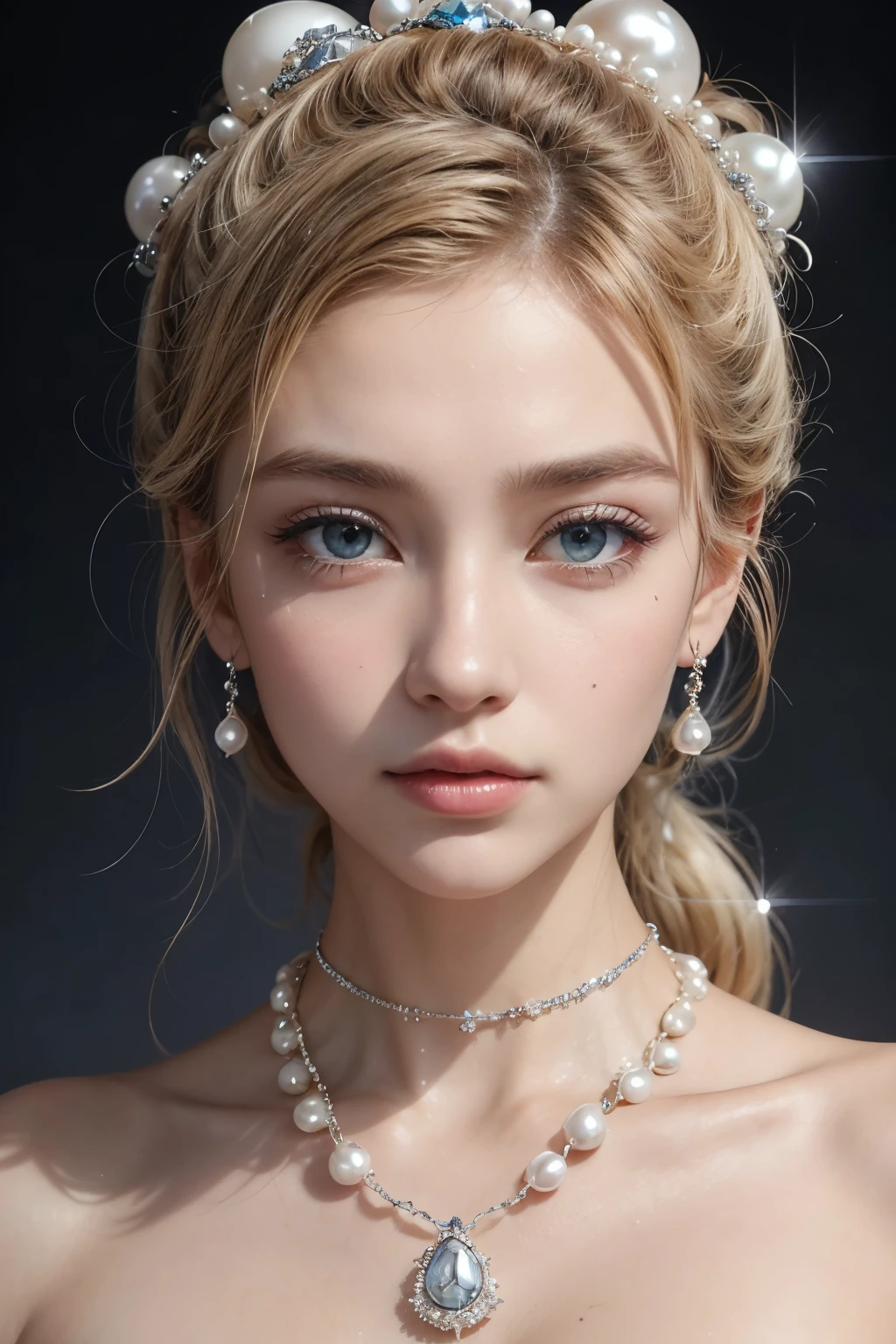 a jewelry icon showing an oyster encrusted with fine, sparkling crystals. And around with white pearls. Its background has to be pearlescent and with metallic edges