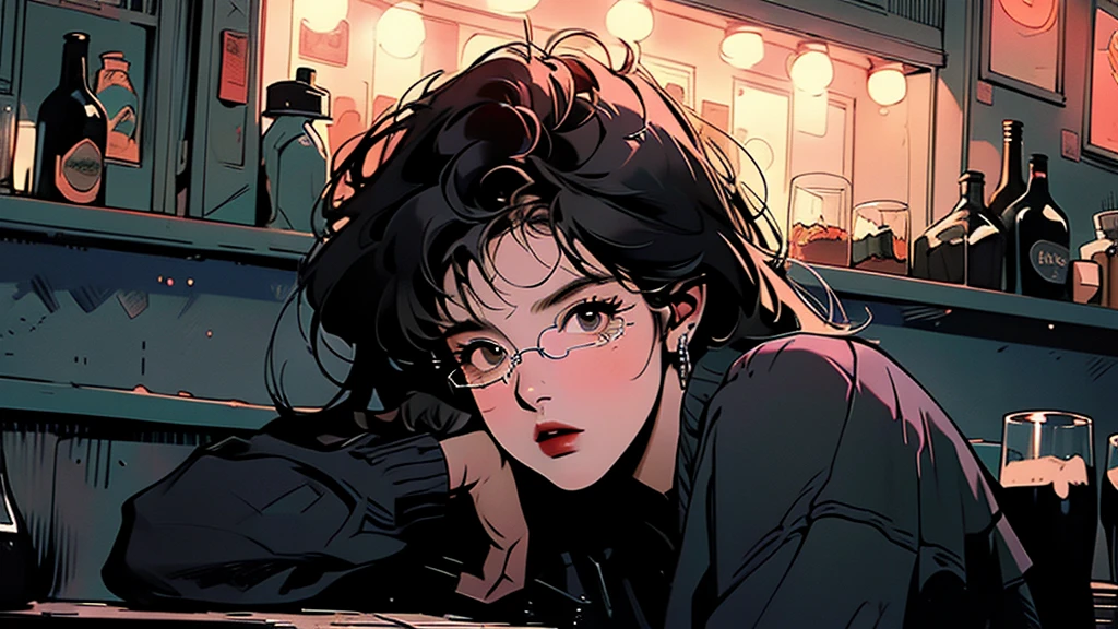 (masterpiece, Highest quality, Exquisite detail), An angle that captures the whole body, girl, alone, cool, Delicate face, The stylish, dimly lit interior of the bar,City of night, Holding a cigarette,Gazing into the distance, Wearing sunglasses