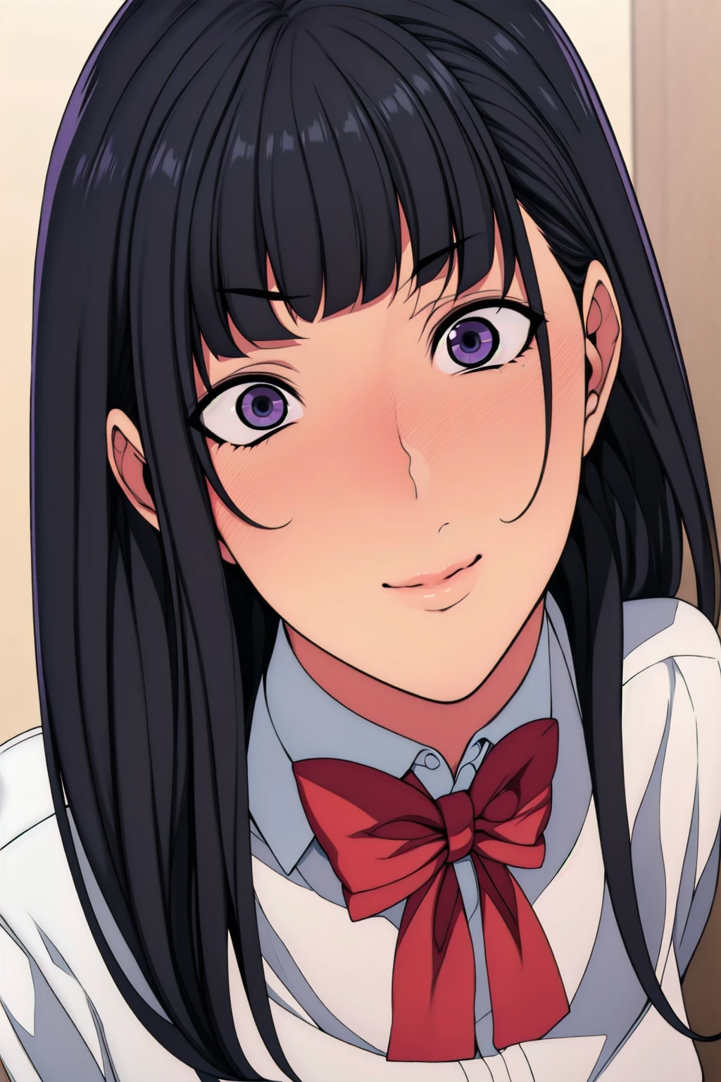 White Background, dynamic pose,standing at attention, red_bowtie,White_Shirt, pleated_skirt,long sleeves, , Purple eyes, Black hair,bangs,long hair, 1 girl, 20yo,Young female,Beautiful long legs,Beautiful body, Beautiful Nose,Beautiful character design, perfect eyes, perfect face,expressive eyes,perfect balance, looking at viewer,(Focus on her face),closed mouth, (innocent_big_eyes:1.0),(Light_Smile:0.3), official art,extremely detailed CG unity 8k wallpaper, perfect lighting,Colorful, Bright_Front_face_Lighting,White skin, (masterpiece:1.0),(best_quality:1.0), ultra high res,4K,ultra-detailed, photography, 8K, HDR, highres, absurdres:1.2, Kodak portra 400, film grain, blurry background, bokeh:1.2, lens flare, (vibrant_color:1.2),professional photograph, (Beautiful,large_Breasts:1.2), (beautiful_face:1.5),(narrow_waist),