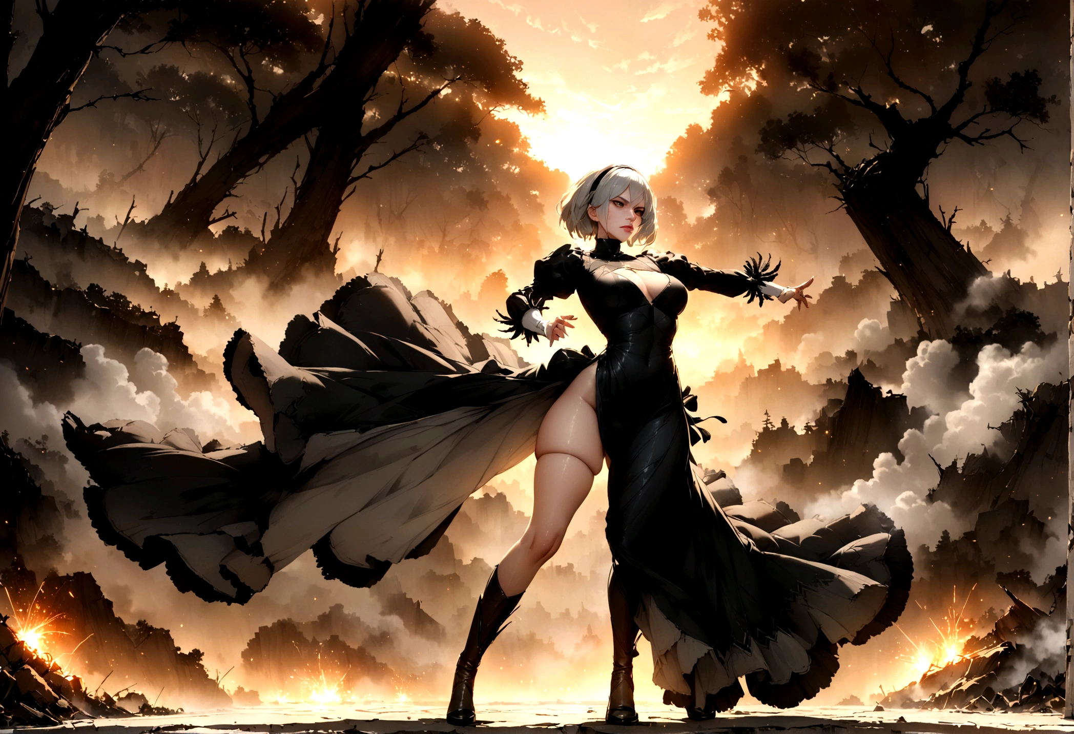 2b,(work of art), ultra detaild, fully body, soft hair, black gown, neckleace, Action, battle pose, standing with legs open, katana, wall-paper, destroyed forest background, SUNSET, smoke in the sky, sparks, serious facial expression, ideal female body, adult, opaque color palette, 真实感, ( realistic styling)