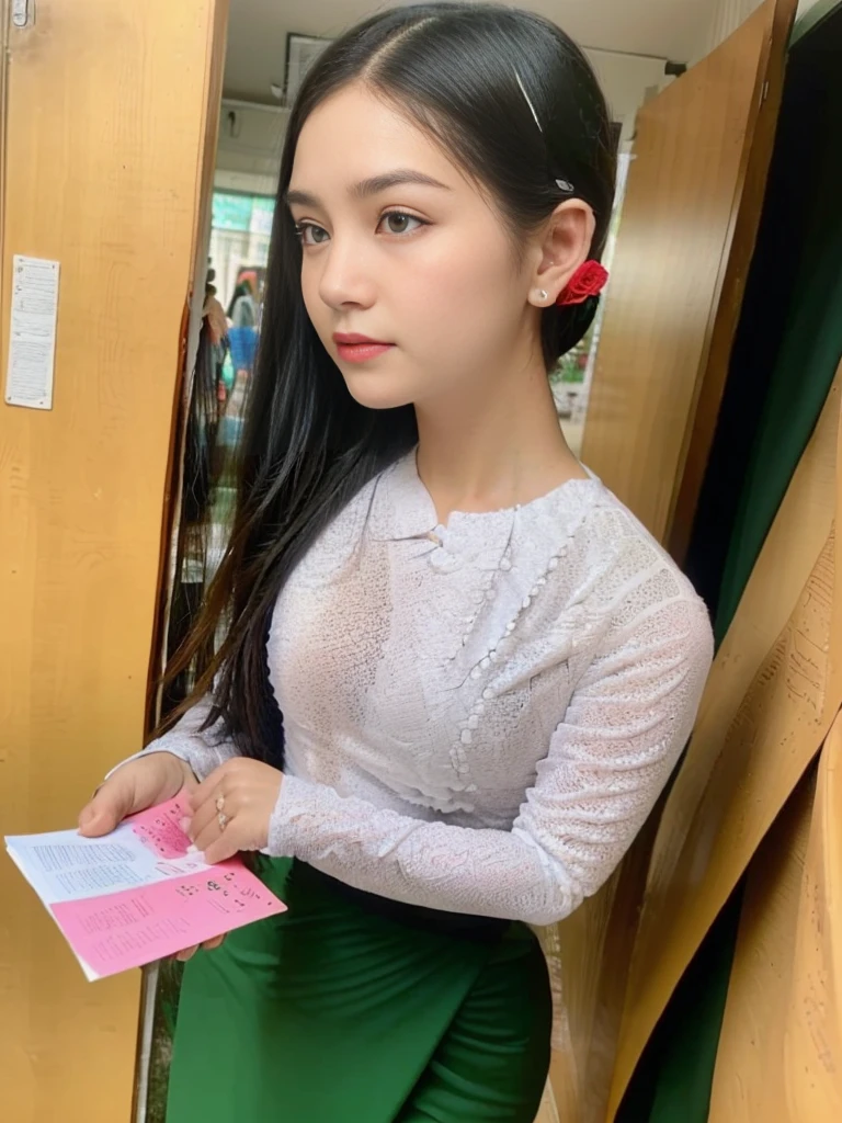 (((8k wallpaper of extremely detailed CG unit:1.2, ​masterpiece, hight resolution:1.2, top-quality:1.2, masutepiece))), ((a very beautiful woman, Hands in pockets:1.8, Burmese dress, wearing a acmm Myanmar white shirt and acmm Myanmar green long skirt , School uniform)), ((extra detailed face, Highly detailed black eyes, extra detailed body, Top quality real texture skins)), (black Straight Hair:1.2, de pele branca, exposed shoulder), ((Empty alley, Mileland. natta, Neon Street)), (high-angle, a closeup, Fisheye:1.3), hyper realisitic, digitial painting,eat cat
