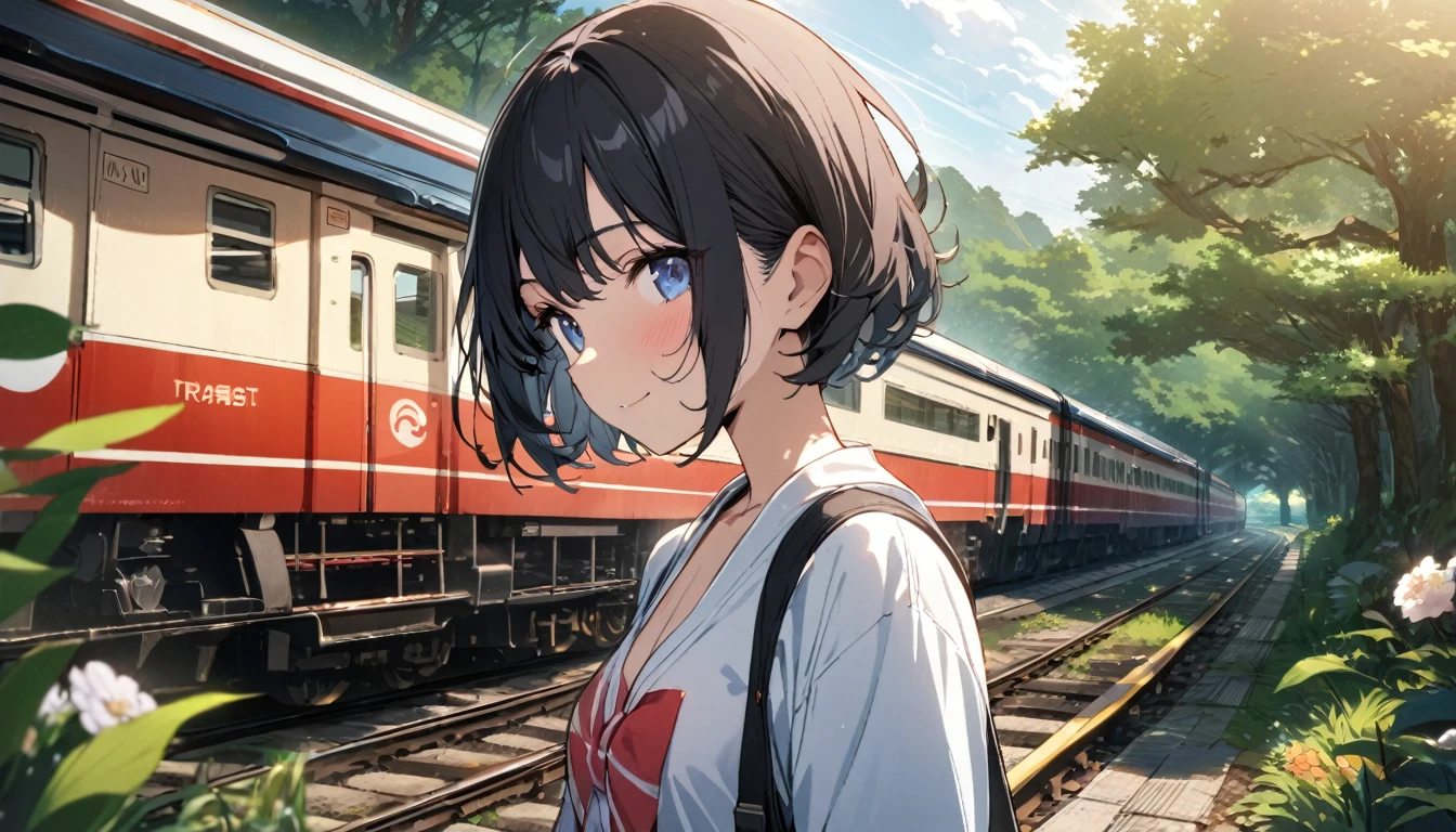 1girl, solo, gentle smile on her face flat chest, short hair, black hair, upper body,with blue eyes (detailed blue eyes) ((masterpiece, illustration, best quality)) ((best quality)), ((masterpiece)), (detailed), perfect face, arafed train on a track with flowers and trees in the background, Japan Countryside Travel, train, Kamakura scenery, in karuizawa, beast, japan shonan enoshima, Lush green environment, Summer setting, train station in summer,
