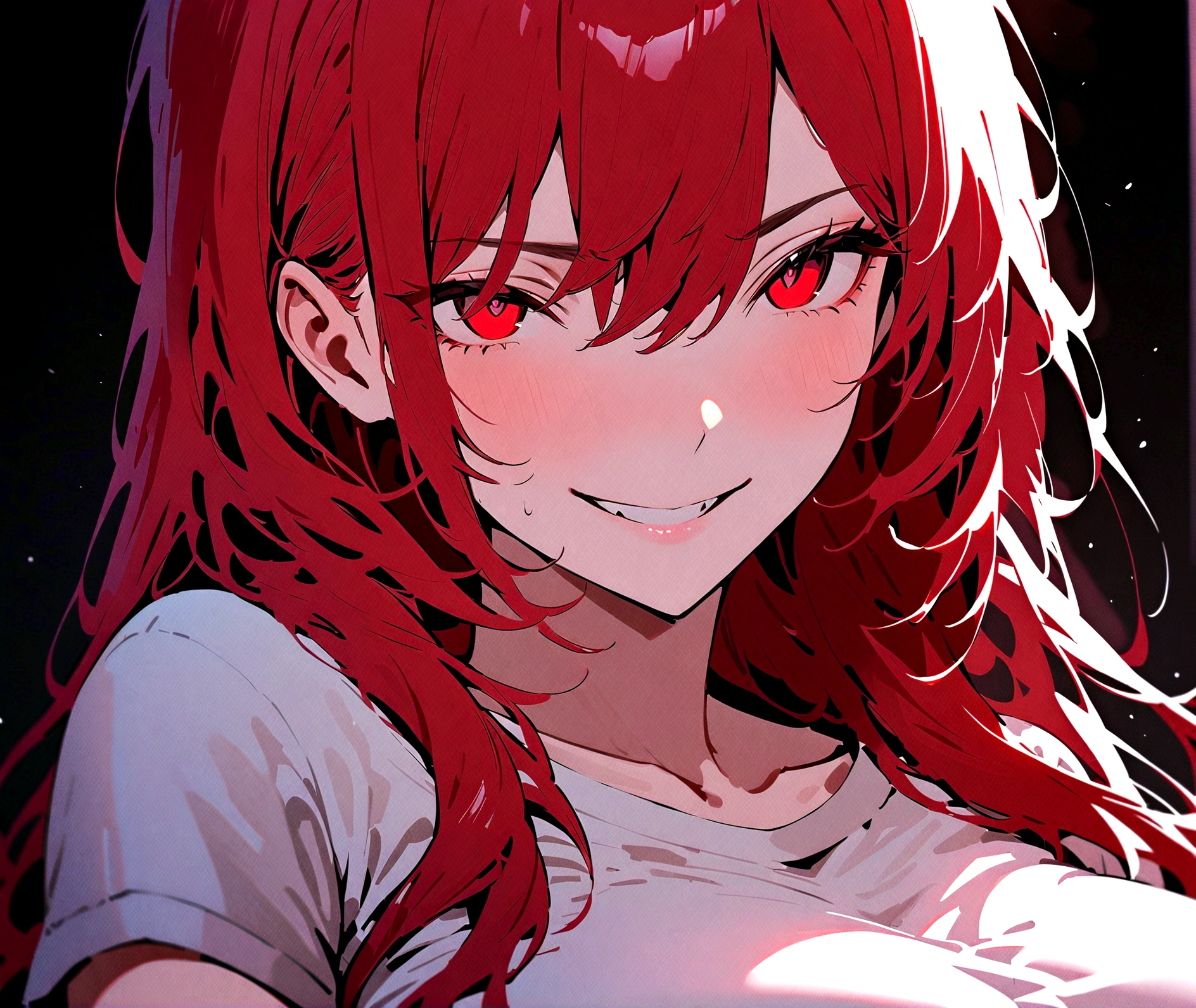 (Masterpiece:1.2, Best Quality), 1 woman, whole body, T-shirt, Casual, big breasts,long red hair, minimal makeup,pale,Natural fabrics, closeup face, evil smile, bright red eyes circular pupils,4k high resolution,UHD, detailed lines