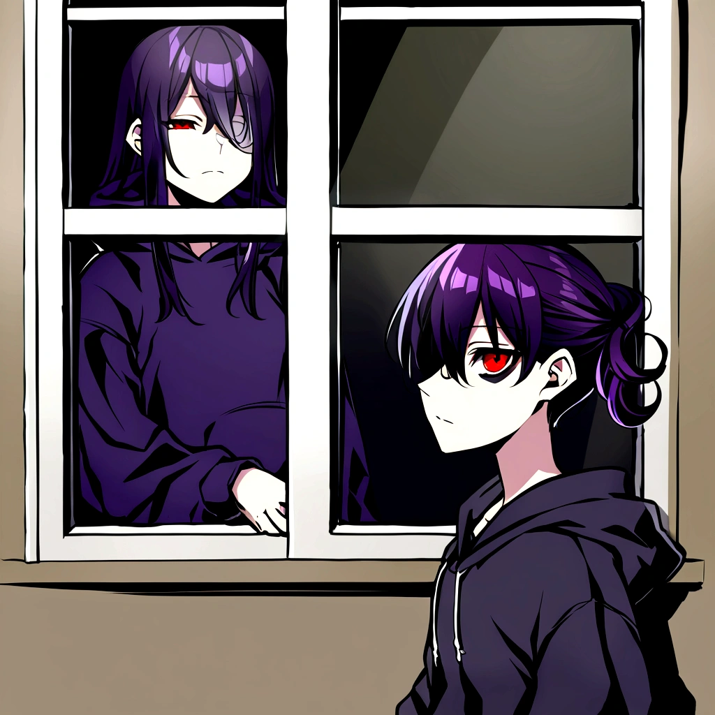 (Gender:Female), (Scene: looks in the distance through the window, no light in the room, night outside, shot from the outside of the window), (Expression:no expression, no emotion), (Girl's appearance: baggy hoodie and sweatpants, dark gothic makeup, small dark circles around eyes, red eyes), (Hairstyle: dark purple hair, short, covers the right eye), 