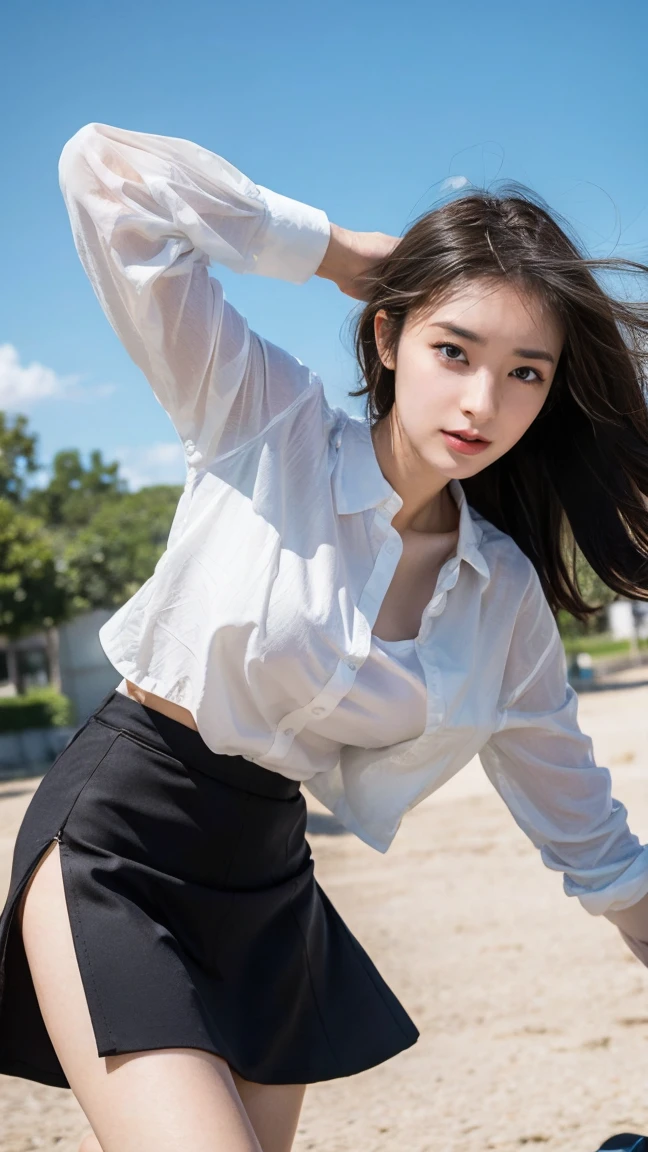 ((Extremely precise and accurate anatomy)), (((Low angle shooting、Looking into the camera:1.22,Leaning forward、Open shirt、No underwear)))、(((8K、Highest quality、masterpiece、Ultra-high resolution)))、(Realistic:1.4)、RAW Photos、(Real skin texture:1.3)、(Film Grain:1.3)、((Are standing、Skirt flutters in strong winds、Under the skirt、Do not bend your legs、don't bend your knees、Spread your thighs、Beachside、))、One Girl、Beautiful and detailed eyes and face、masterpiece、Highest quality、close、thin、Japanese Uniform、dynamic、barefoot、Various poses、