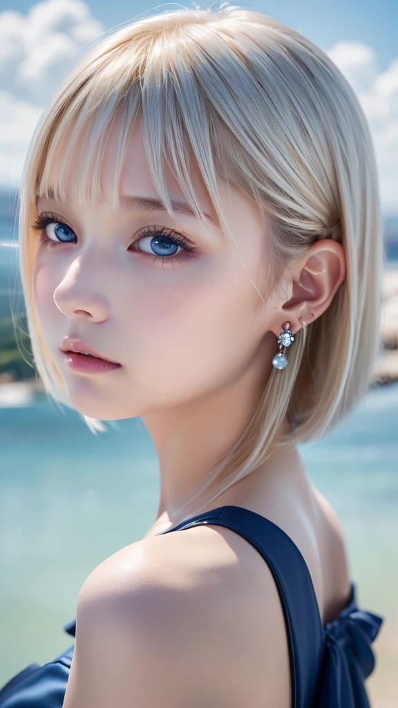 ((sfw: 1.4)), (( detailed face, cute face, detailed face, professional photography)), ((from side)), (( off-the-shoulder top)), (( Shiny platinum blonde silk hair, beautiful shiny bangs, big clear sky blue eyes, very beautiful bright eye highlights, earrings, 1 Girl)), Ultra High Resolution, (Realistic: 1.4), RAW Photo, Best Quality, (Photorealistic Stick), Focus, Soft Light, ((15 years old)), (( (young face))), (surface), (depth of field), masterpiece, (realistic), woman, bangs, ((1 girl))