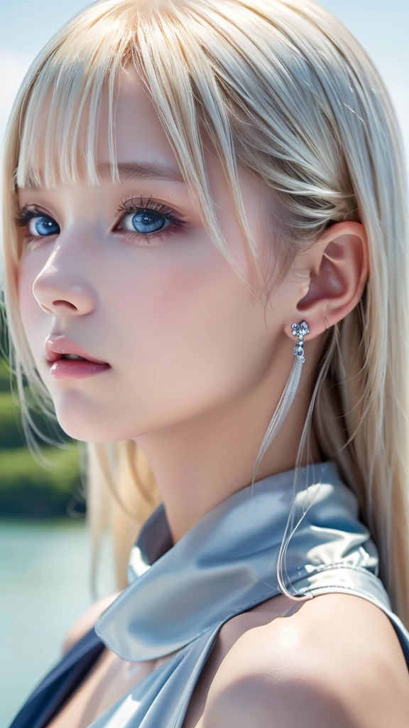 ((sfw: 1.4)), (( detailed face, cute face, detailed face, professional photography)), ((from side)), (( off-the-shoulder top)), (( Shiny platinum blonde silk hair, beautiful shiny bangs, big clear sky blue eyes, very beautiful bright eye highlights, earrings, 1 Girl)), Ultra High Resolution, (Realistic: 1.4), RAW Photo, Best Quality, (Photorealistic Stick), Focus, Soft Light, (()), (( (young face))), (surface), (depth of field), masterpiece, (realistic), woman, bangs, ((1 girl))