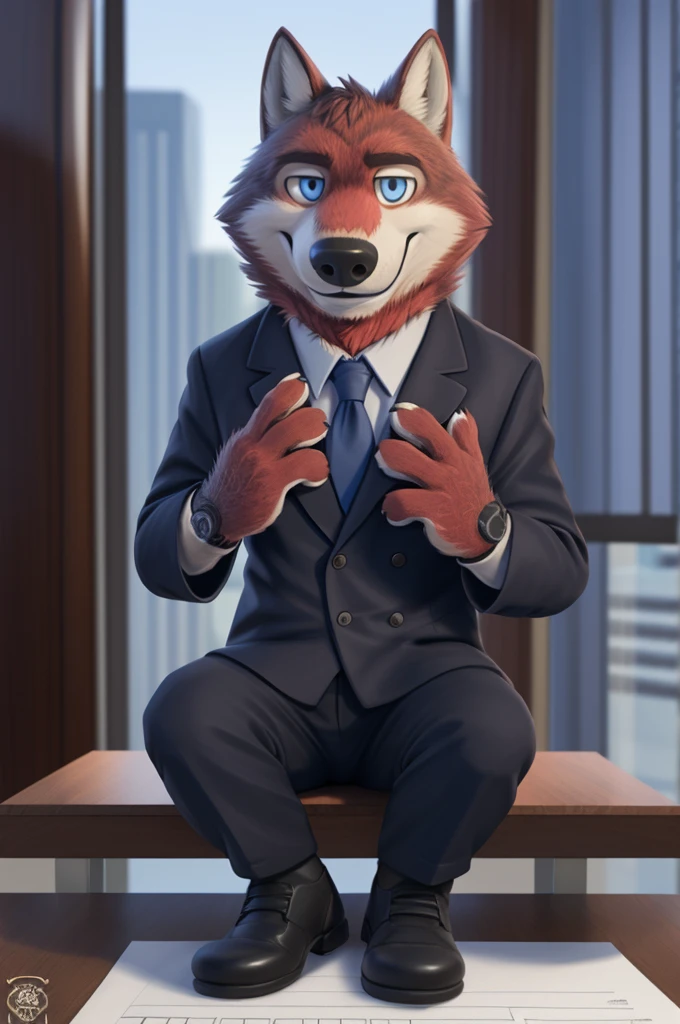 Ivan Fedorovich Wolfbach (Novosibirsk) ,Tall, handsome man, wolf,young, 24 years, brown fur,Kind,(red body:1.3),beautiful blue eyes,Novosibirsk,dressed, black jacket awards on jacket, shirt, black tie, trousers,shoes, wolf, detailed fur, man ,paw pads, finger claws,per viewer, 5 fingers, paws, 5 fingers, smile, wrist watch, nextel, by xenoforge, (complex, high detail, digital photography, soft focus, RAW variety viewer, Very close to the camera) , variety, Novosibirsk, smile, good mood, positive, Very close to the camera, GOVERNOR,coming, ministry of health,cabinet, GOVERNORа, writes documents, to the city, GOVERNOR Novosibirskа, conference table, Colleagues,самый young GOVERNOR, black tie, 
Photorealism, realism, digital style, Subsurface scattering, I look at the viewer, is sitting,conference table, handle, paper, 
masterpiece, Best quality, ultra realistic, 8 thousand.)