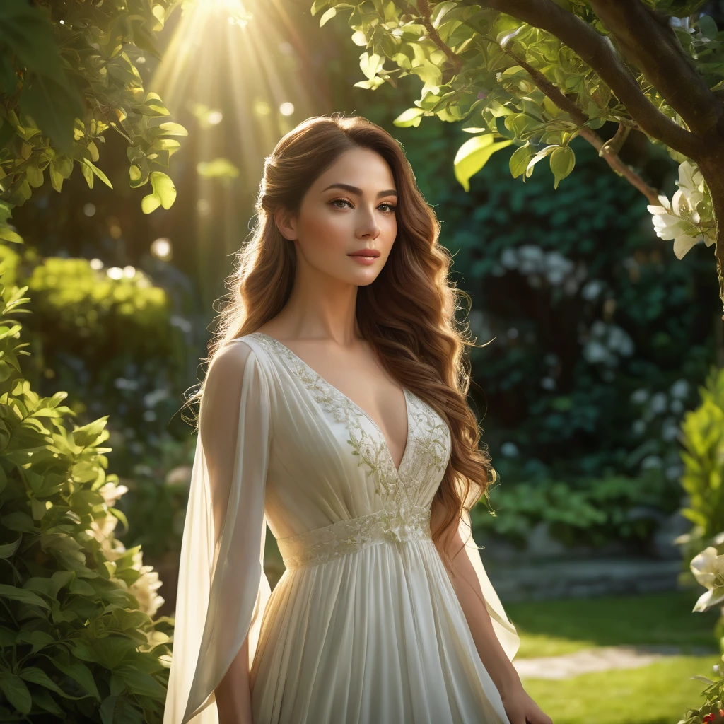 a beautiful woman in a garden, serene expression, long flowing hair, elegant dress, sunlight filtering through the trees, lush greenery, peaceful atmosphere, (best quality,4k,8k,highres,masterpiece:1.2),ultra-detailed,(realistic,photorealistic,photo-realistic:1.37),cinematic lighting,dramatic chiaroscuro,warm color palette,dreamlike,romantic,ethereal