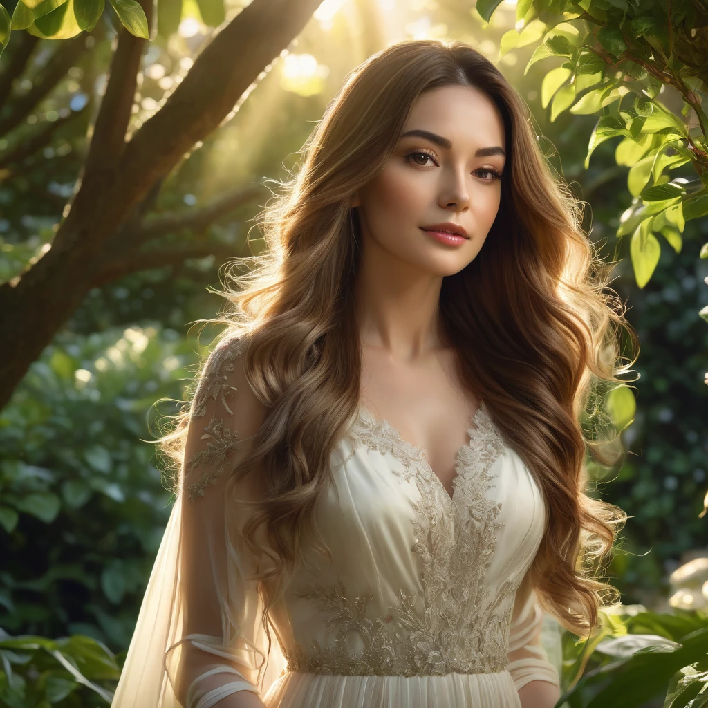 a beautiful woman in a garden, serene expression, long flowing hair, elegant dress, sunlight filtering through the trees, lush greenery, peaceful atmosphere, (best quality,4k,8k,highres,masterpiece:1.2),ultra-detailed,(realistic,photorealistic,photo-realistic:1.37),cinematic lighting,dramatic chiaroscuro,warm color palette,dreamlike,romantic,ethereal