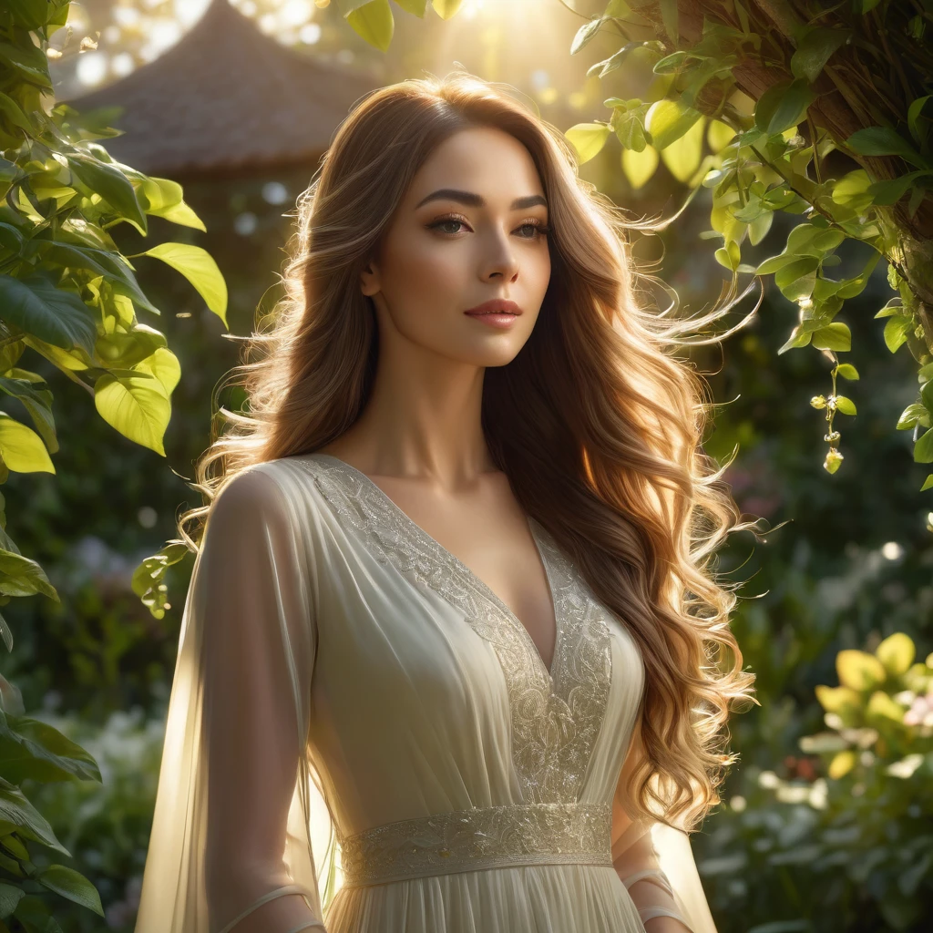 a beautiful woman in a garden, serene expression, long flowing hair, elegant dress, sunlight filtering through the trees, lush greenery, peaceful atmosphere, (best quality,4k,8k,highres,masterpiece:1.2),ultra-detailed,(realistic,photorealistic,photo-realistic:1.37),cinematic lighting,dramatic chiaroscuro,warm color palette,dreamlike,romantic,ethereal