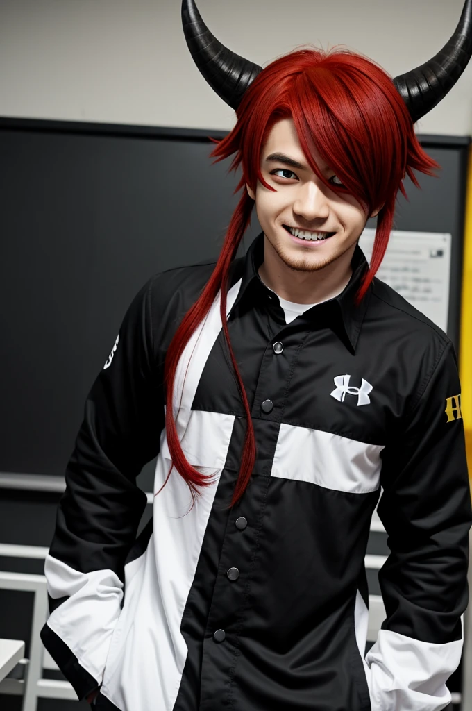 Red hair and has black horns on his head, sharp face, one eye yellow and the other black, White skin, affiliated fangs, He is wearing a UA uniform and is in a UA class., anime style boku no hiro academia
