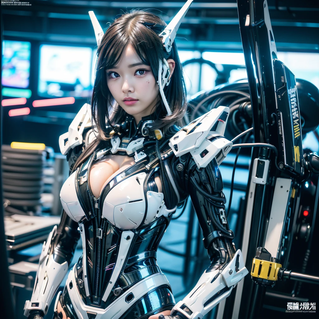 top-quality、masterpiece、超A high resolution、(Photorealsitic:1.4)、Raw photo、Battle Cyborg Angel、large wings made of metal、White porcelain body、Acrylic Clear Cover、white hair、glowy skin、1 Cyborg Girl、((super realistic details))、portlate、globalillumination、Shadow、octan render、8K、ultrasharp、character edge light,Colossal tits、Raw skin is exposed in cleavage、Details of complex ornaments、Double Zeta Gundam Details、Hydraulic cylinder、Small LED lamp、highly intricate detail、Realistic light、a purple eye、radiant eyes、Facing the camera、neon details、cowboy shot、Futuristic headgear、About Cyberpunk、、