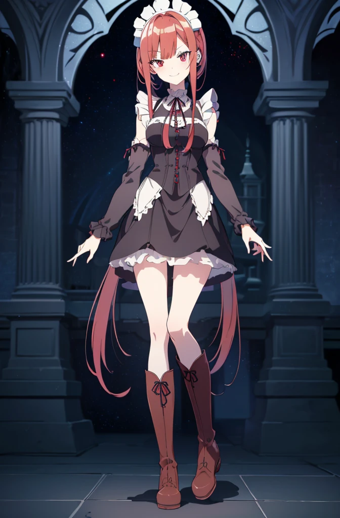 [(cathedral background:1.4)::5],original,(illustration:1.1),(best quality),(masterpiece:1.1),(extremely detailed CG unity 8k wallpaper:1.1), (colorful:0.9),(mid shot:0.95),(full body:1.5),Dynamic angle,(solo:1.2), (girl),((adult)), (detailed beautiful eyes:1.15), (beautiful face:1.15), (glowing red eyes:1.25////),((red medium hair)),(blunt bangs),(high twintails),(+perfect hand+:1.21),(Draw an illustration of a gothic girl),(Religious),(slender),(is wearing boots on her feet),((is wearing white maid clothes)),(furious), Lace Off-shoulder lolita fashion,beautiful slender woman,((evil smile)),adult,thin legs,((red hair)),