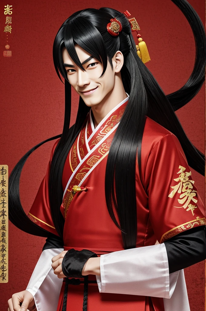 Make a 2D man in genshin impact style with traditional Chinese clothing red eyes long loose black hair with evil smile