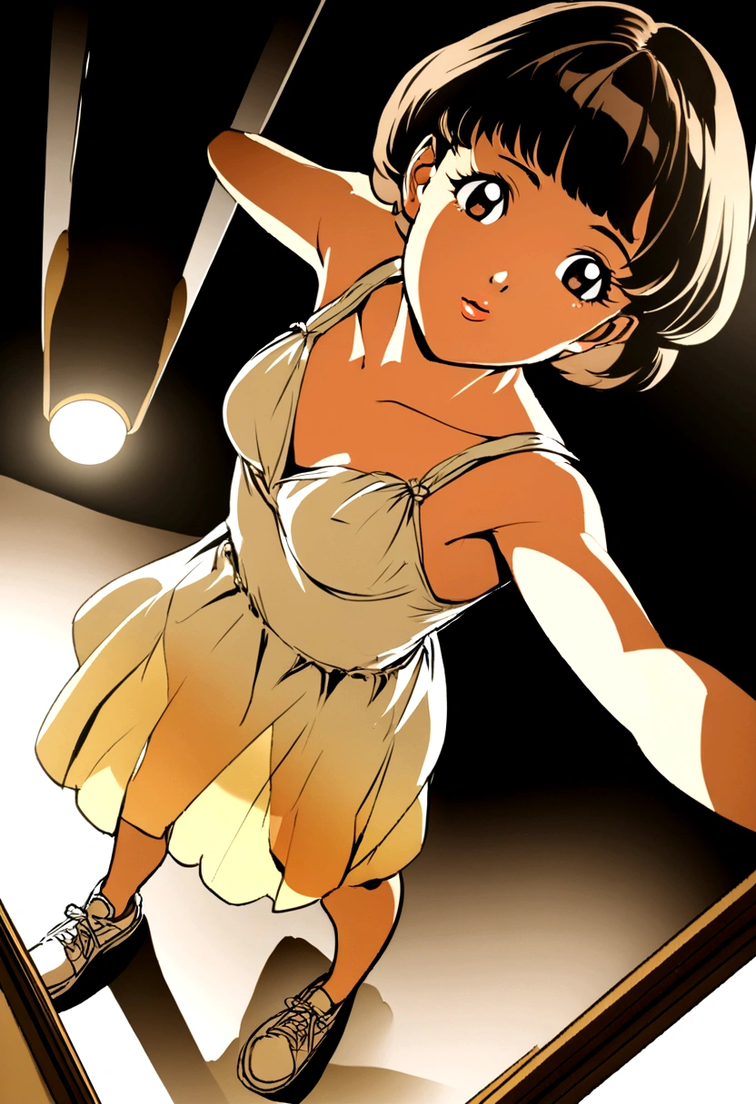 A photo of an extremely beautiful Asian girl dancing ,1980 retro style ,wearing summer wear taken from a high angle shot, with short hair bangs, white sneakers, studio lighting in the style of Kodak film stock,, , reflection, Leaf image taken with a macro lens,Create a highly detailed illustration of a narrow