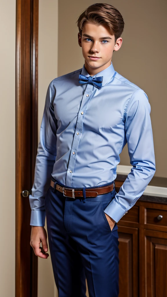 19 year old male wearing bow tie and lomg sleveed button up with belt and tucked in
4K HIGH REZ 

Physical Description: Brown colored hair and skinny build. 5"5 and 150 LB. Blue eyes. 

.