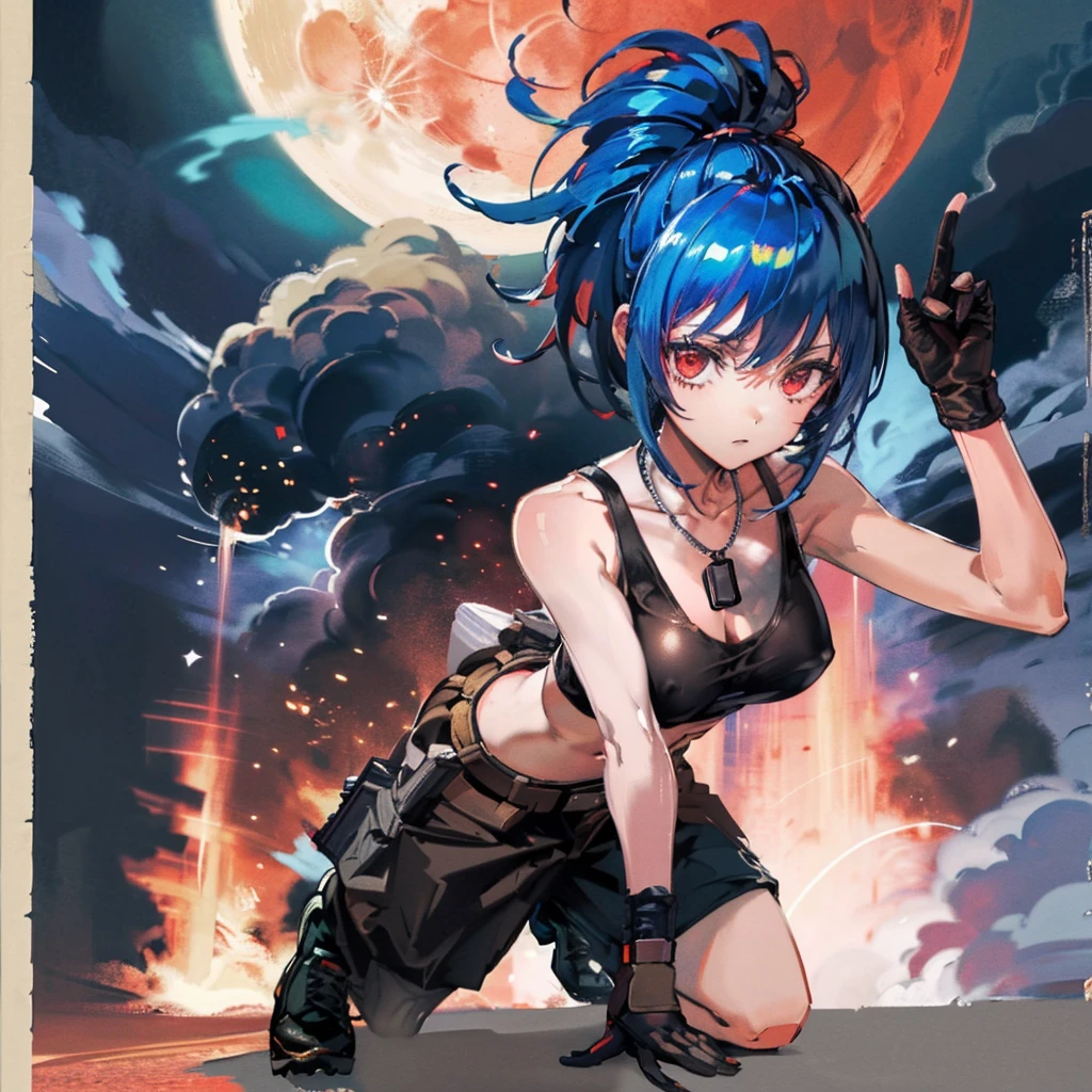 (masterpiece, highest quality, ultra high res, ultra detailed:1.3), 1 girl, ideal ratio body proportions, red eyes, (blue hair:1.2), high ponytail, unruly hair, brown tank top, military pants, military boots, bare shoulders, bare arms, open finger gloves, dog tag, full moon, night time, tank top covered nipples, 