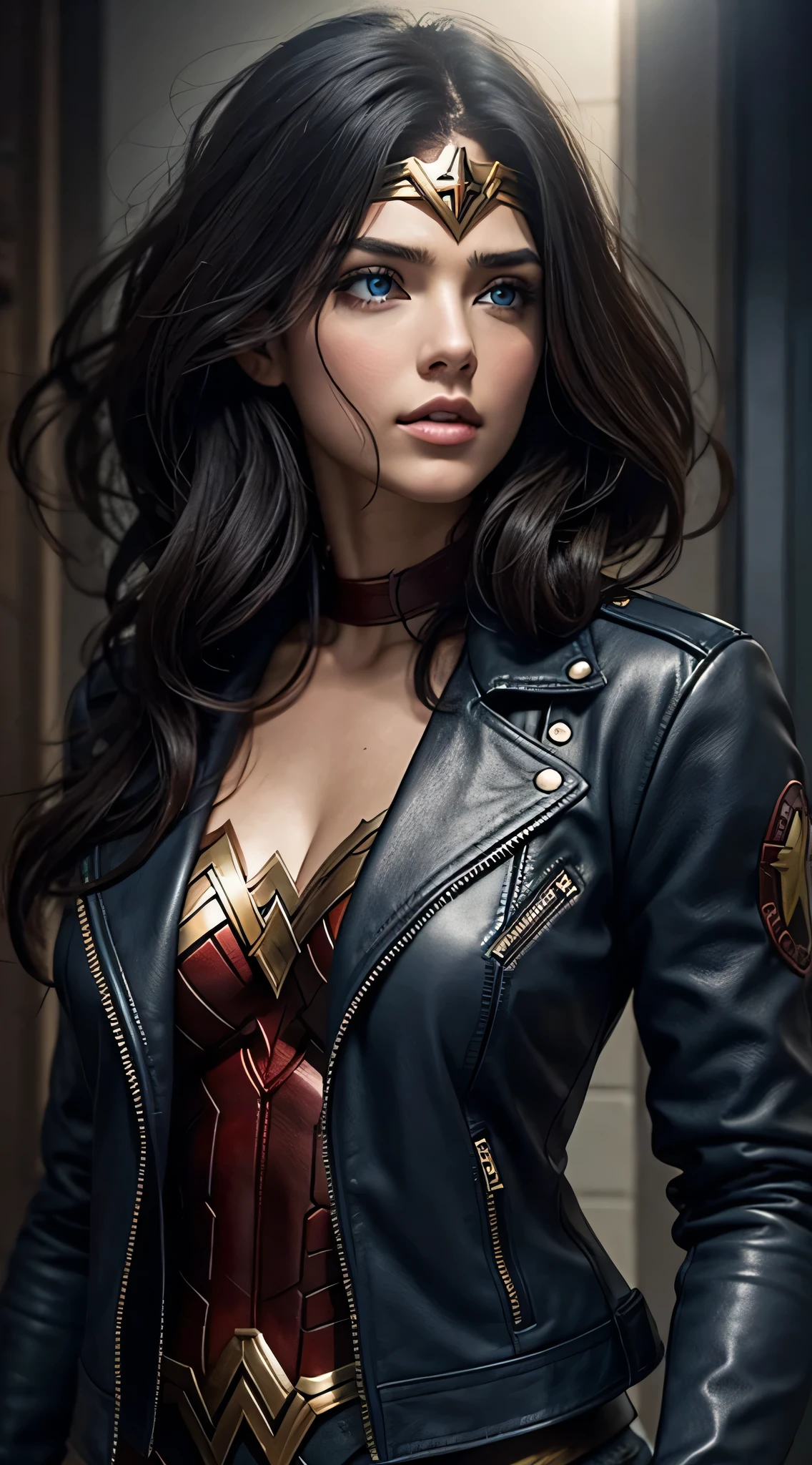 The character Wonder Woman in  leather jacket style, extremely beautiful body, extremely black hair, perfect brilliant blue eyes 