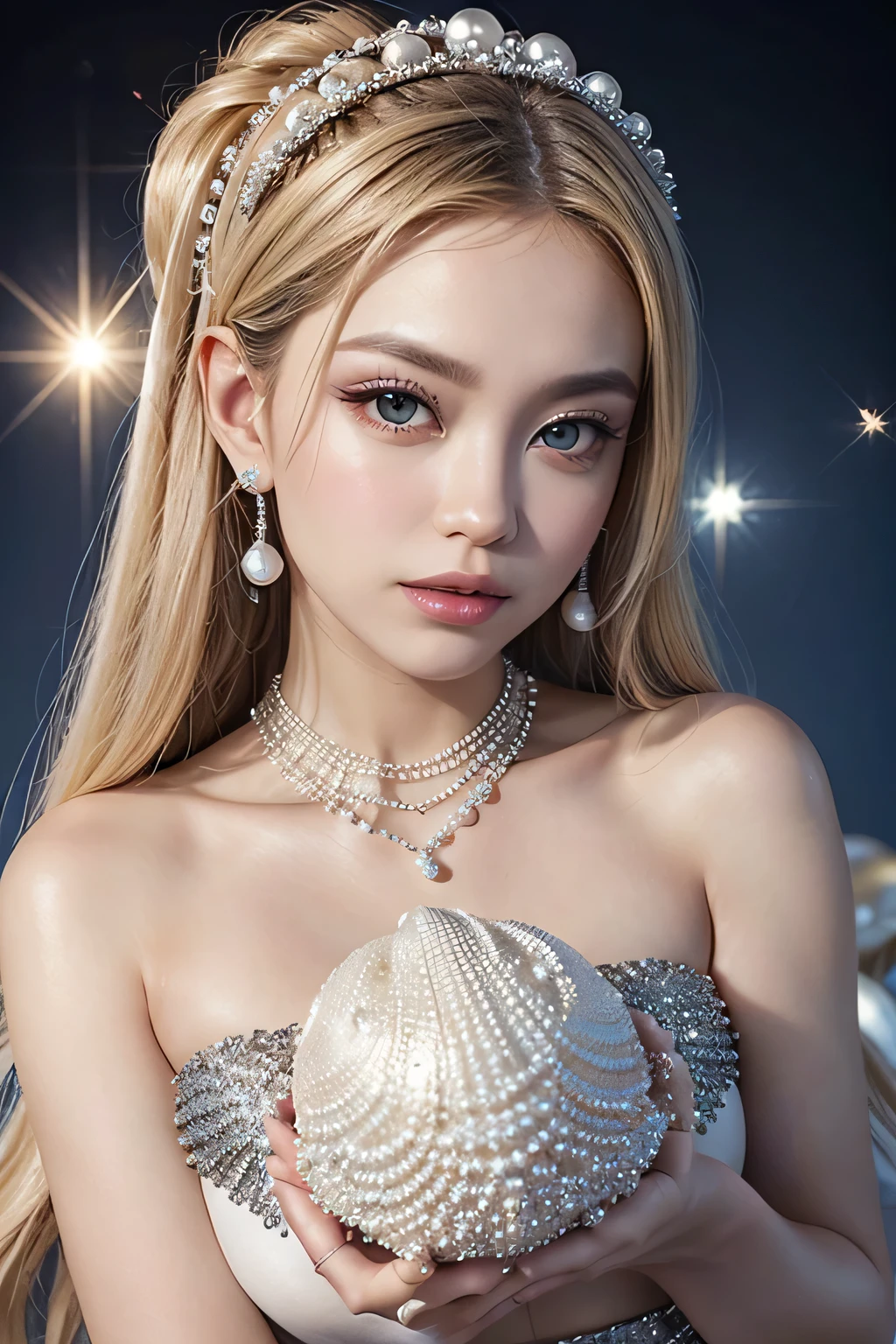 a jewelry icon showing a clam encrusted with fine, sparkling crystals. And around with white pearls. Its background has to be pearlescent and with metallic edges