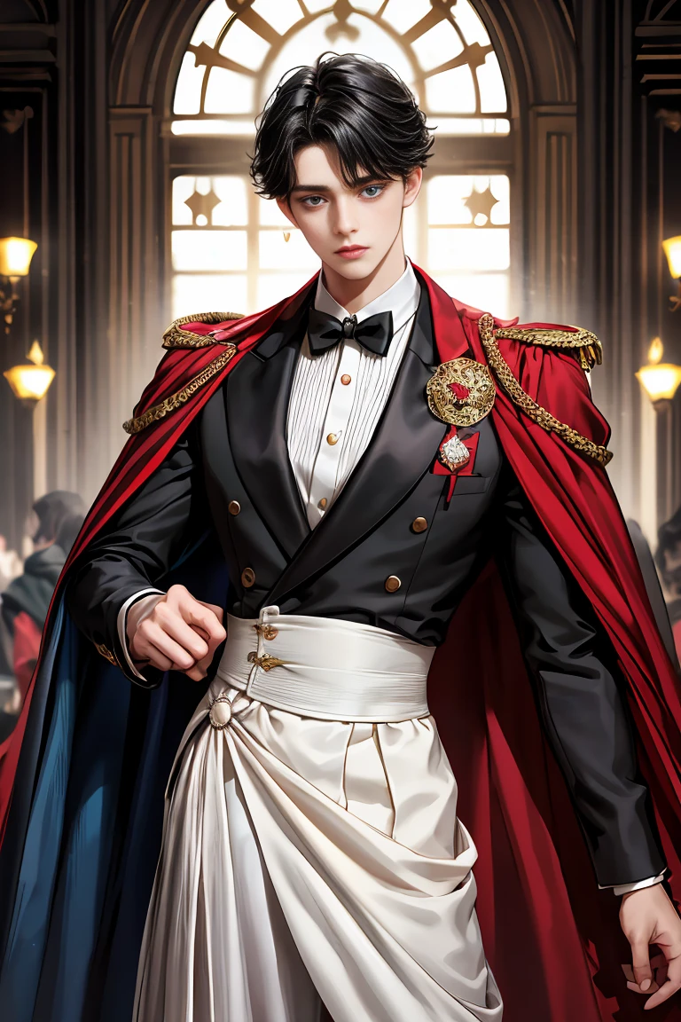 
masterpiece, 最high quality, high quality, 1 boy, alone, Male focus, Watching the audience,  Messy black hair, Adorable big blue eyes, White people, Noble, Noble,Sexy voluminous black and red cape、Tuxedo、A very voluminous, large, very large, very large, long, long red and black cape with a high stand-up collar, made of a lot of fabric that reaches down to the floor., 17 years old,Cute beautiful boys,Cute, cute, kind, handsome guy