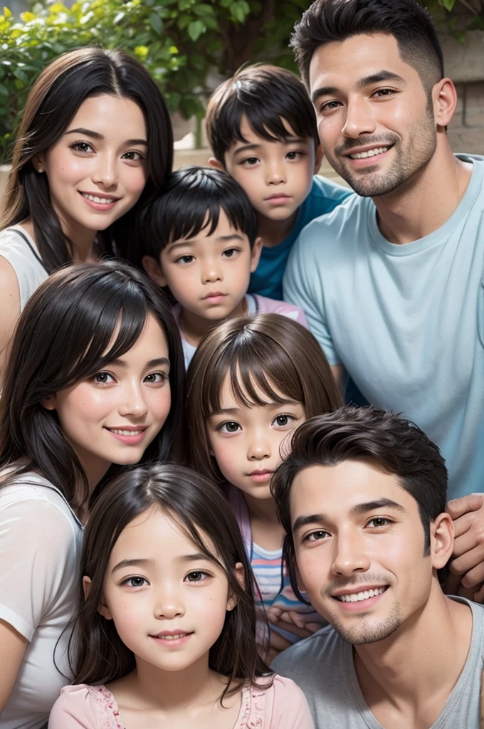 hand drawing of a family of four with a father, a mother, a 4 year old  and a 12 year old , the children are boys