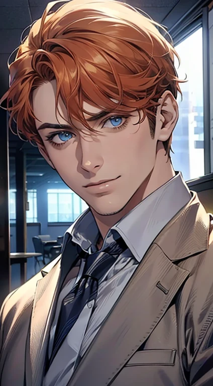 (best quality,4k,8k,highres,masterpiece:1.2),ultra-detailed,(realistic,photorealistic,photo-realistic:1.37),1 man,31 years old,mature man,very handsome,without expression,smile,short orange hair,blue eyes,penetrating gaze,perfect face without errors,imposing posture,businessman,office background,cinematic lighting,hdr image