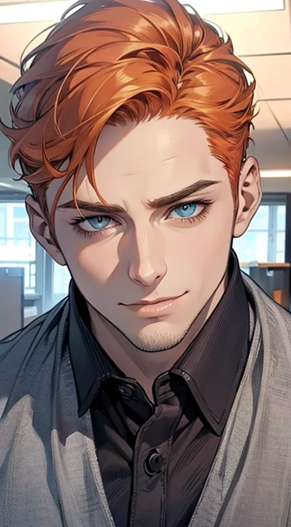 (best quality,4k,8k,highres,masterpiece:1.2),ultra-detailed,(realistic,photorealistic,photo-realistic:1.37),1 man,31 years old,mature man,very handsome,without expression,smile,short orange hair,blue eyes,penetrating gaze,perfect face without errors,imposing posture,businessman,office background,cinematic lighting,hdr image