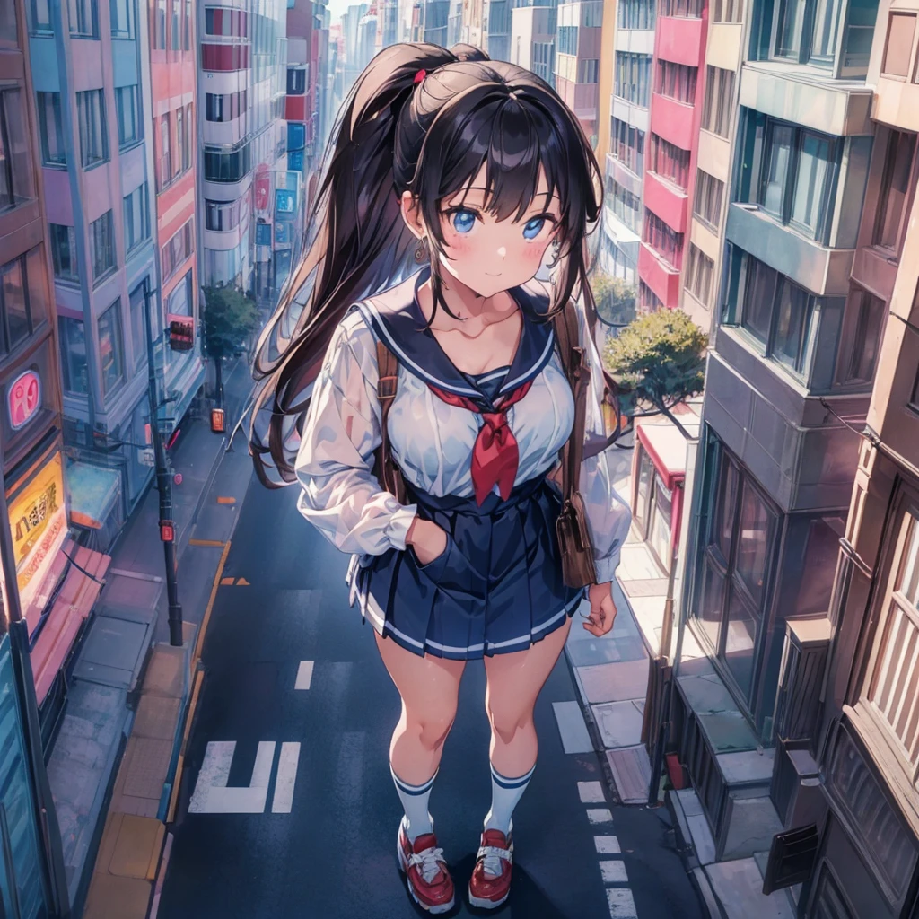 ((Top view))　((giant girl))　((giantess))　((Tall Girl))　((car))　((telephone pole))　((vending machine))　masterpiece　Unreal Engine　Anime Style　Delicate painting　4K　90's　giant　Multiple Girls　crowd　Residential Street 　Japanese house　　　Giant  standing on the road　school uniform　Sailor suit　skirt　Black Hair　　smile　female giant giant girl Whole body 　 cars Crowd Unreal Engine,cleavage ,a drawing of a , earrings, long hair, 1980s (style) Cute picture　Beauty　Analog style　whole body　sneakers　