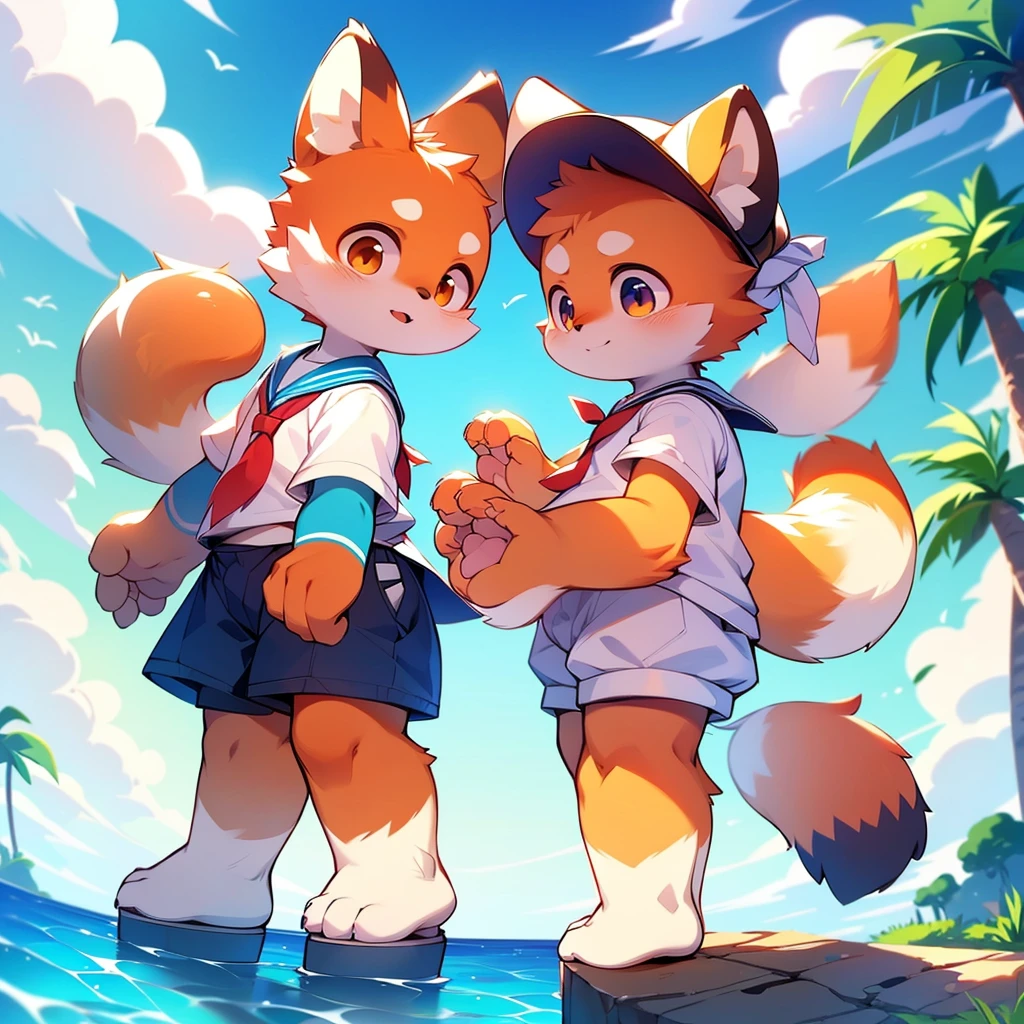 4K quality,High resolution, Female Red Panda, Ocean, Appeared wearing a sailor uniform! fly in the sky, High resolution, 8K Two legs,Stand on your feet,