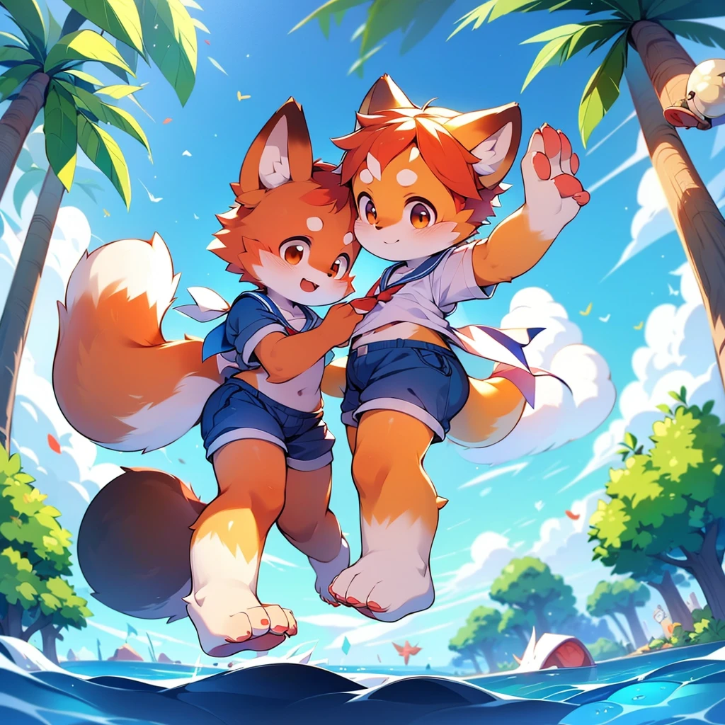4K quality,High resolution, Female Red Panda, Ocean, Appeared wearing a sailor uniform! fly in the sky, High resolution, 8K Two legs,Stand on your feet,
