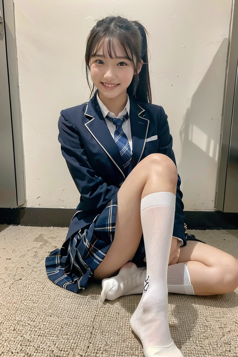 (8K), (highest quality: 1.2), (realistic), (realistic: 1.37), ultra high resolution, (1 girl、), cute, smile, closed mouth, beautiful details, beautiful nose, wet hair, giant dulcefo, pork, thighs，Self snap,High school Student Uniform,(A simple navy blue blazer),pleated skirt,(The skirt and tie are gray tartan check pattern....:1.3),(sitting:1), sit on the ground,(hug your feet:1),white pantyhose,from the front,knees、loafers、Low - Angle、From the front view、Checkered Pleated Skirt、Ponytail 1.2、Knee-high socks、barefoot、((Between the legs、Panties that fit the female genitals、White panties、膝を上げて、お尻を床に付けて座る))