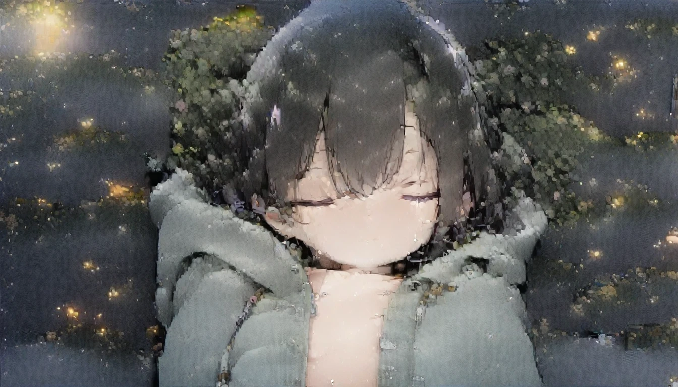 1girl, solo, , flat chest, short hair, black hair,, hoodie, upper body, ((masterpiece, illustration, best quality)) sleeping with her eyes closed at her room during nighttime in a suburban area surrounded by plants