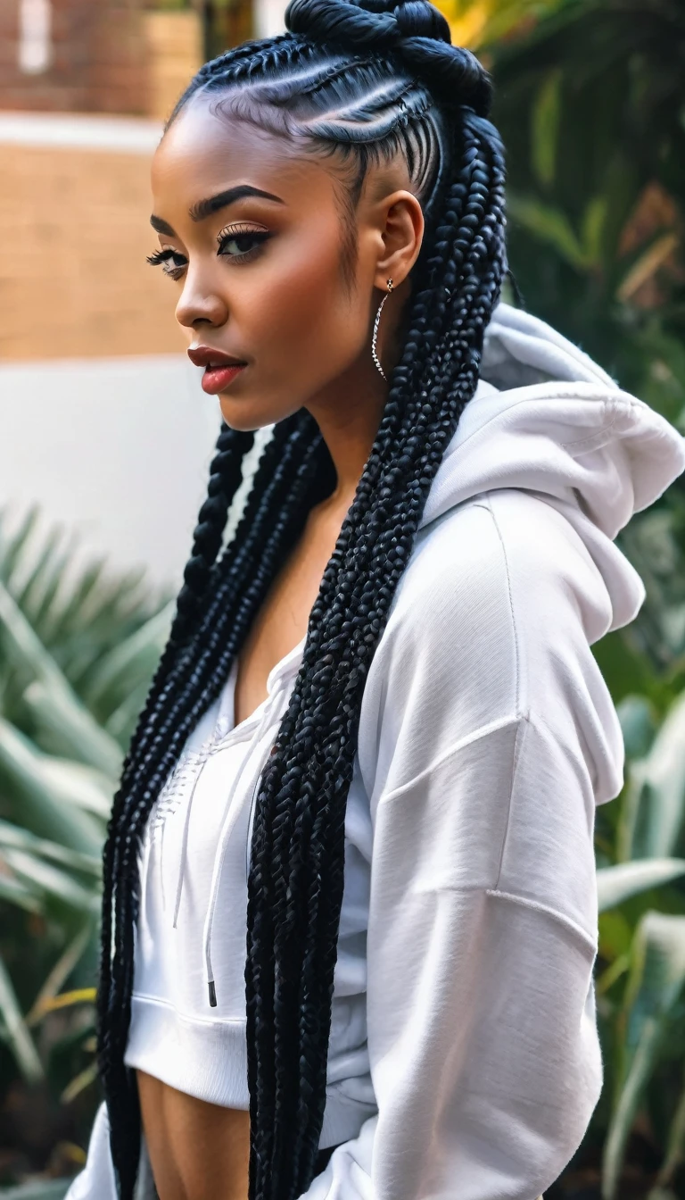 a woman with long black braids wearing a white hoodie, long black braids, long cornrows, cornrows braids, cornrows, black hair in braids, long black braided hair, elegant fantasy style braids, traditional female hairstyles, neat braided hair, long braided black hair, long braided hair on top of head, neat intricate braided hair, white black fade braided hair