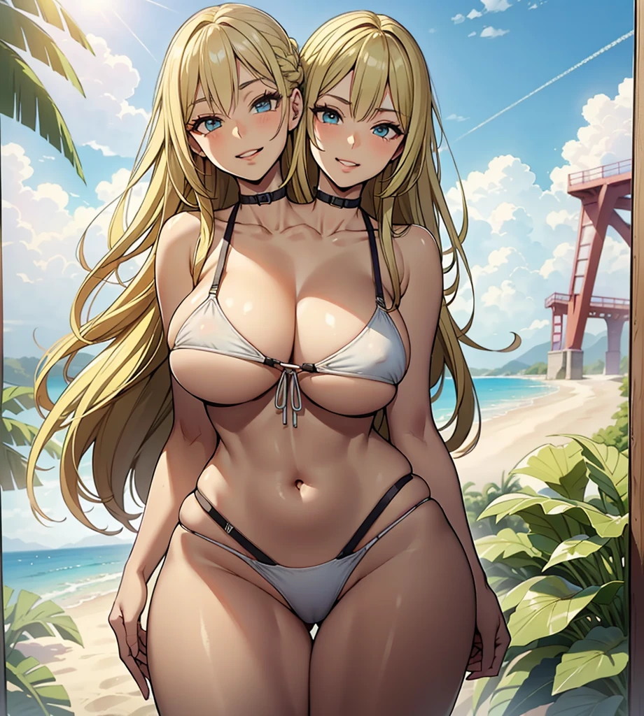 (masterpiece),(ultra-detailed), (high quality), (high resolution), (best quality:1.5, highres, UHD), highres, absurdo, ultra detail, ultra quality, Ultra resolution, 16k, 1girl, (2heads:1.5), girl with two heads, ((blonde hair:1.5)), seductive grin, casual dress, sexy proportions, (exposed midriff), Beautiful girl with accentuated slender abs, ((seductive posture)), ((white underboob bikini)), ((different hairstyles)), different haircuts, (long hair), ice blue eyes, exposed midriff, ((side bang hair))