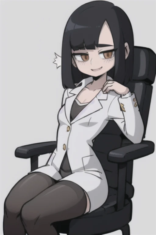 doctor, slender girl, tired ears, white coat, big chest, tired face, tired smile, black hair, straight hair, sit chair