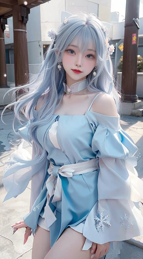 ((Best quality)), ((masterpiece)), (detail:1.4), Beautiful cyberpunk Japanese female image,, nffsw(High Dynamic Range),Ray Tracing,nvidia RTX,Super Resolution,Unreal 5,Subsurface scattering,PBR Textures,Post-Processing,Anisotropic filtering,Depth of Field,Maximum clarity and sharp multi-layered textures,Albedo and Specular Maps,Surface Shading,Mitsu - Accurate simulation of material interactions,Perfect proportion,Octane Rendering,Two-color light,Large aperture,Low ISO,White Balance,Three rules、8K raw data、Beautiful bright red pupils,Off-shoulder clothing,outstanding student,Light blue gradient on pure white hair,Delicate face and eyes,Round Face, Drooping eyes, Long eyelashes,Blush Blush,Fine and fluffy hair,lips,pure,Cute face,Sweet girl,Smile,Artistic sense,Casual wear,advanced sense,snowflake,petal,snowflake, Wild rose snow background, Beautiful hair accessories,Waist-length hair,Hair blowing in the wind,Snow White cat ears, curly