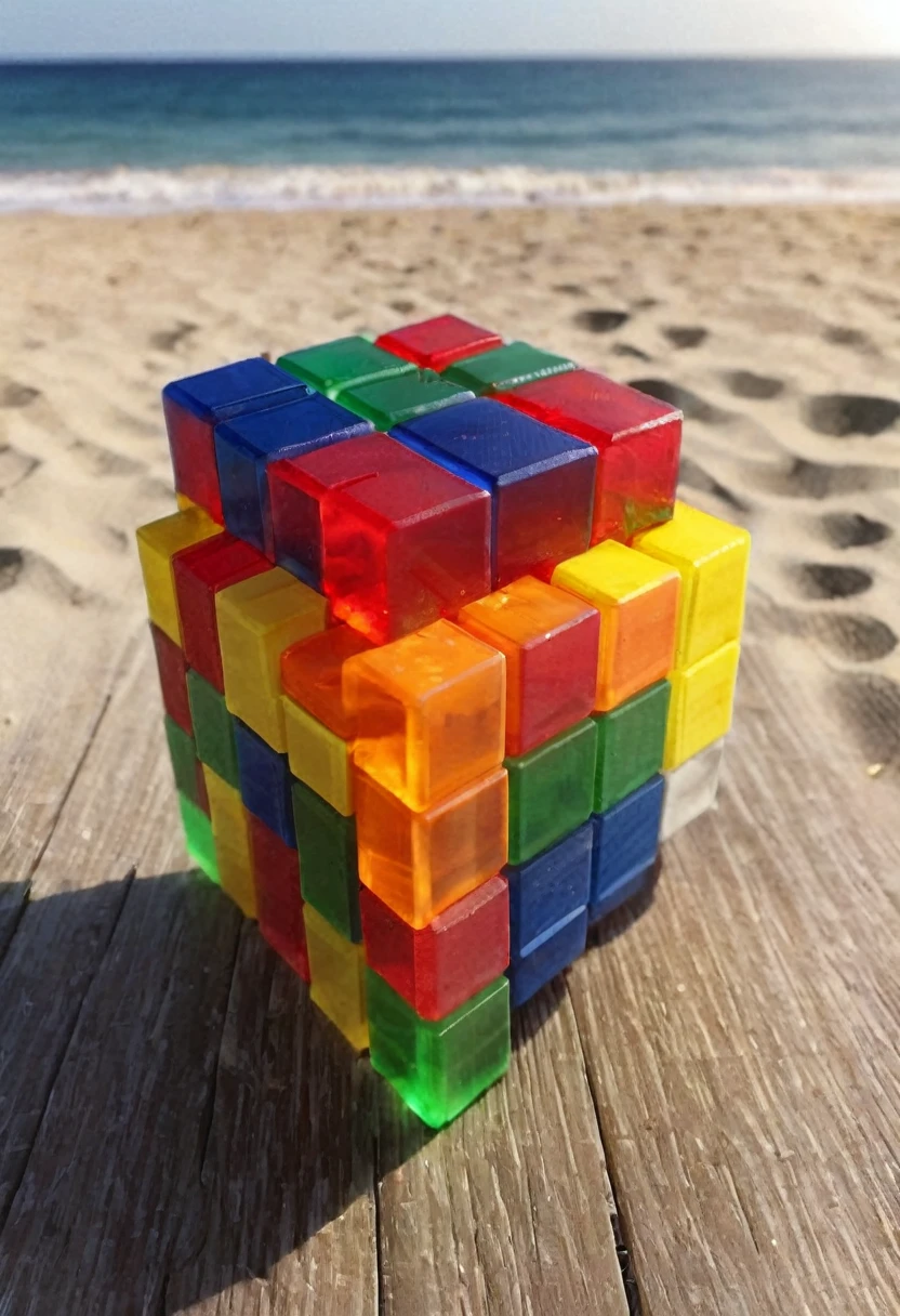 gummiray rubik puzzle, backlight, amazing colours, beach background
