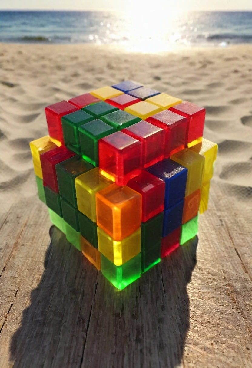 gummiray rubik puzzle, backlight, amazing colours, beach background