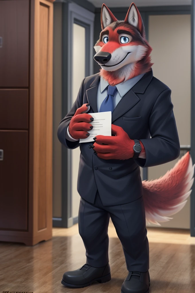 Ivan Fedorovich Wolfbach (Novosibirsk) ,Tall, handsome man, wolf,young, 24 years, brown fur,Kind,(red body:1.3),beautiful blue eyes,Novosibirsk,dressed, black jacket awards on jacket, shirt, black tie, trousers,shoes, wolf, detailed fur, man ,paw pads, finger claws,per viewer, 5 fingers, paws, 5 fingers, smile, wrist watch, nextel, by xenoforge, (complex, high detail, digital photography, soft focus, RAW variety viewer, Very close to the camera) , variety, Novosibirsk, smile, good mood, positive, Very close to the camera, GOVERNOR,coming, ministry of health,cabinet, GOVERNORа, GOVERNOR Novosibirskа,holding a chumadan with documents,coming минздрав,самый young GOVERNOR, black tie,
Photorealism, realism, digital style, Subsurface scattering, I look at the viewer,coming министерство здравоохранения, chumadan dekumentov, Folder,
masterpiece, Best quality, ultra realistic, 8 thousand.)