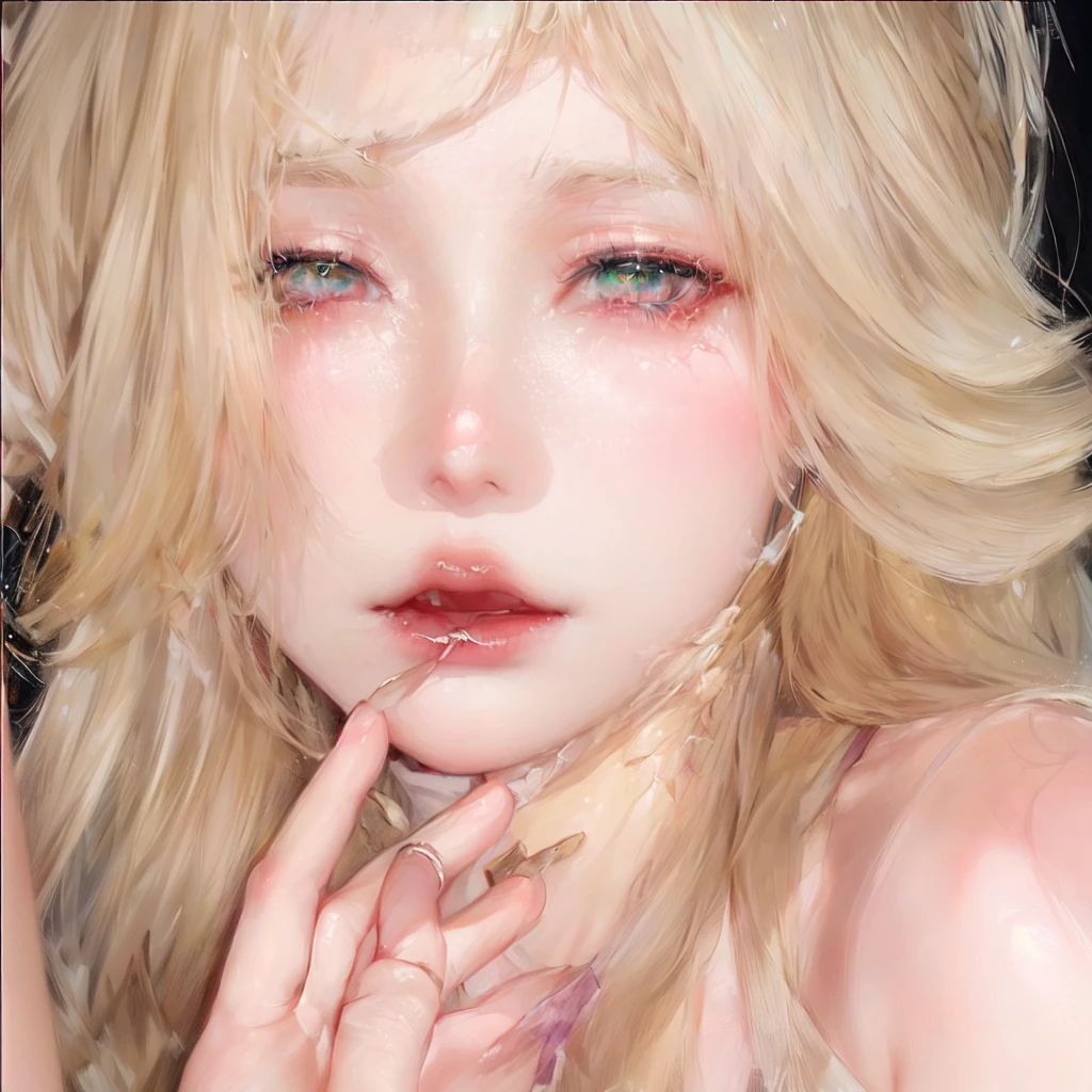 Blonde woman with a flower in her hair and a white dress, mirada de combine, jinyoung shin, Sakimichan, South Korean popular makeup, combine, with frozen flowers around it, glowing eyes of watery crystal, kim taejin, inspiration from Yanjun Cheng, ulzzang.