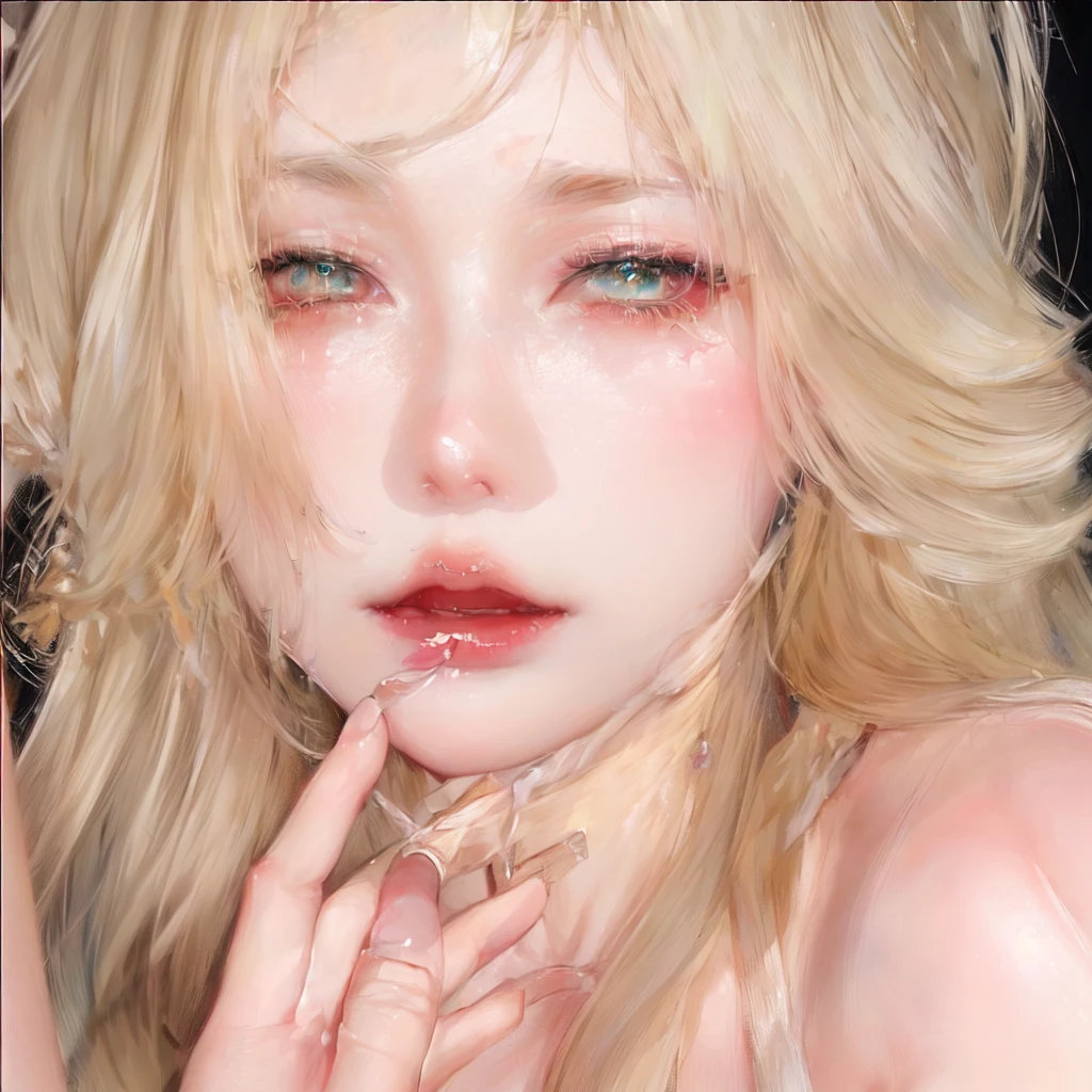 Blonde woman with a flower in her hair and a white dress, mirada de combine, jinyoung shin, Sakimichan, South Korean popular makeup, combine, with frozen flowers around it, glowing eyes of watery crystal, kim taejin, inspiration from Yanjun Cheng, ulzzang.