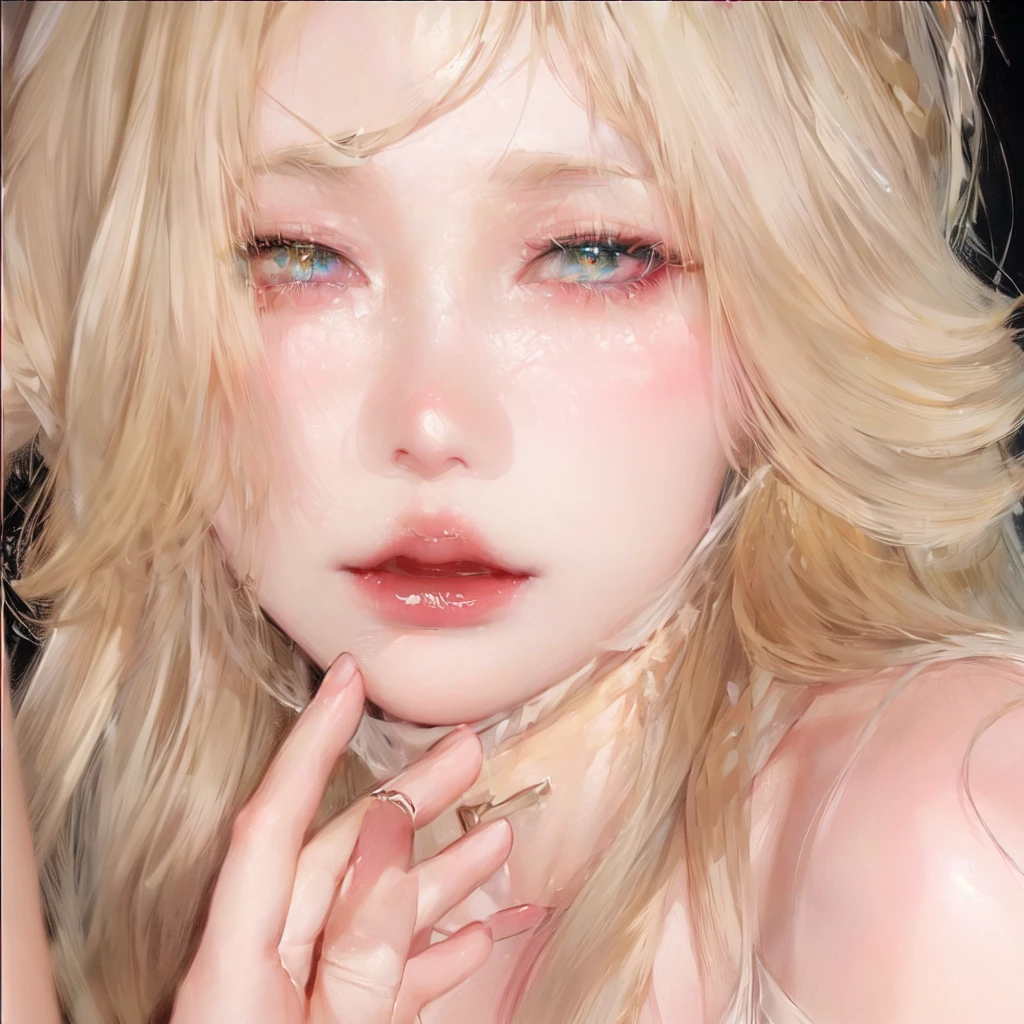Blonde woman with a flower in her hair and a white dress, mirada de combine, jinyoung shin, Sakimichan, South Korean popular makeup, combine, with frozen flowers around it, glowing eyes of watery crystal, kim taejin, inspiration from Yanjun Cheng, ulzzang.