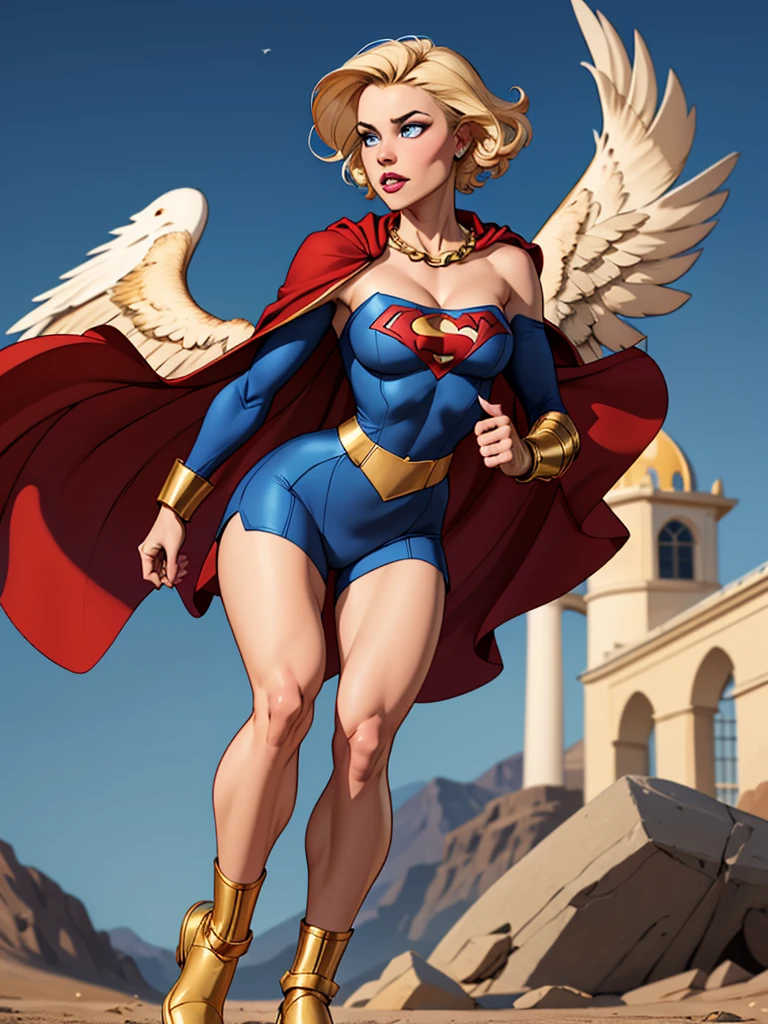 Young female, blonde with short hair, with big, bright blue eyes, wearing a blue costume, defined chest, wearing a golden shoulder pad in the shape of an eagle, with a golden chain running across his chest holding a red cape Smiling with blood splash on face and clothes