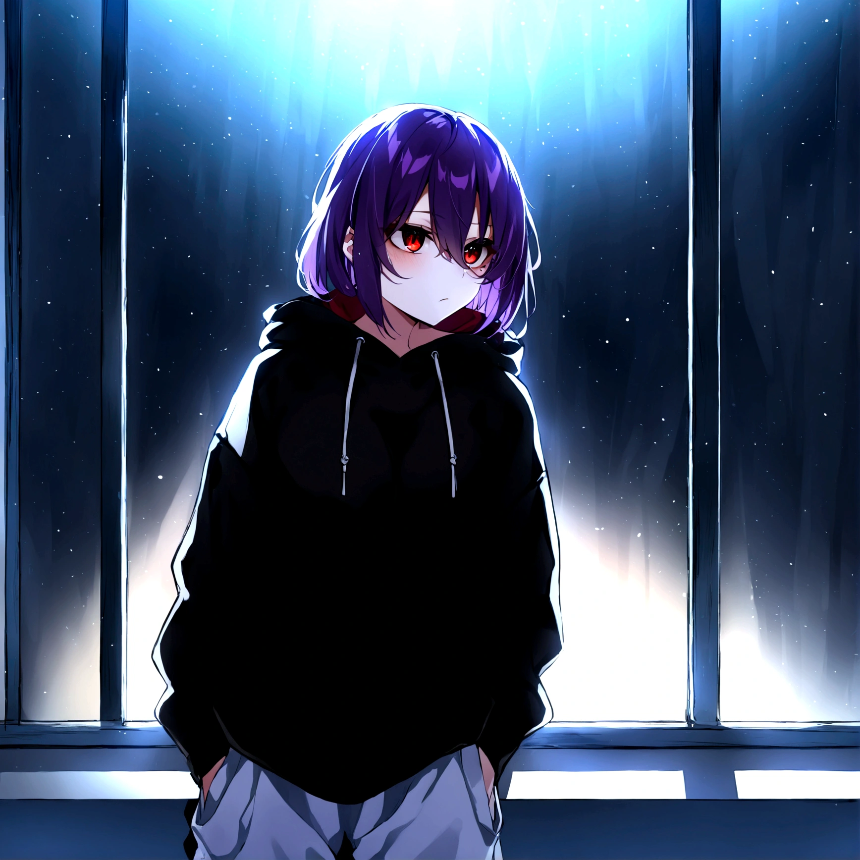 1girl, (Scene: girl looks in the distance through the window, no light in the room, night outside, shot angled from the outside of the window), (Expression:no expression, no emotion), (Girl's appearance: baggy hoodie and sweatpants, dark gothic makeup, small dark circles around eyes, red eyes), (Hairstyle: dark purple hair, short, covers the right eye), 
