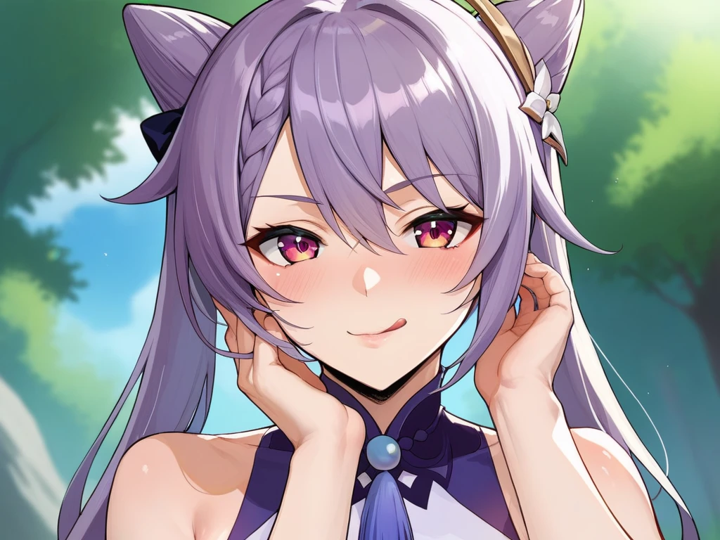 score_9, score_8_up, score_7_up, score_6_up, source_anime, BREAK by ikuchan kaoru, iku, clean color, flat color,1girl, genshin impact, keqing genshin impact, outdoors, in Forest, face focus, face closeup, face, face only, smug, shy, embarrassed, licking lips, ((seductive)), alluring, seduce, hair over one eye, tongue, licking lips, adjusting hair
