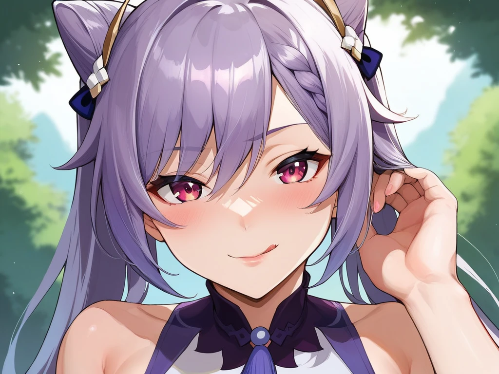score_9, score_8_up, score_7_up, score_6_up, source_anime, BREAK by ikuchan kaoru, iku, clean color, flat color,1girl, genshin impact, keqing genshin impact, outdoors, in Forest,  face focus, face closeup, face, face only, smug, shy, embarrassed, licking lips, ((seductive)), alluring, seduce, hair over one eye, tongue, licking lips, adjusting hair