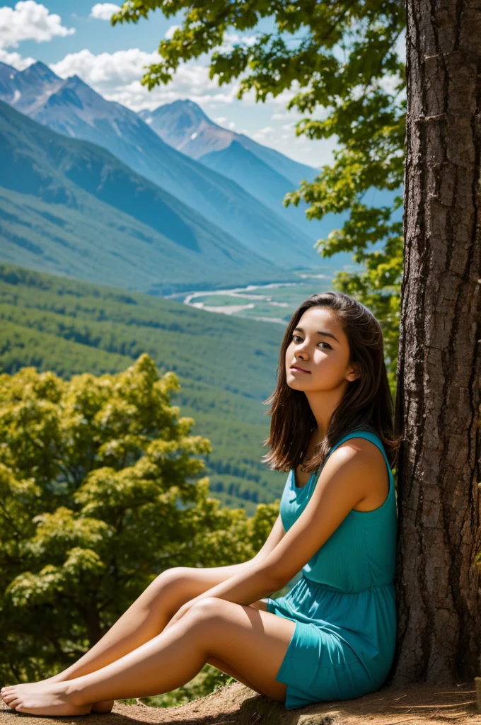 Girl sitting leaning against a tree trunk, a mountainous landscape and breeze with leaves 
