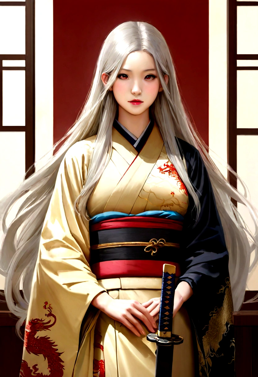 /imagine "A boy with long hair and handsome appearance wearing a kimono, with katanas on their waist, facing a Chinese dragon. The art must have anime features, be realistic and of high quality."